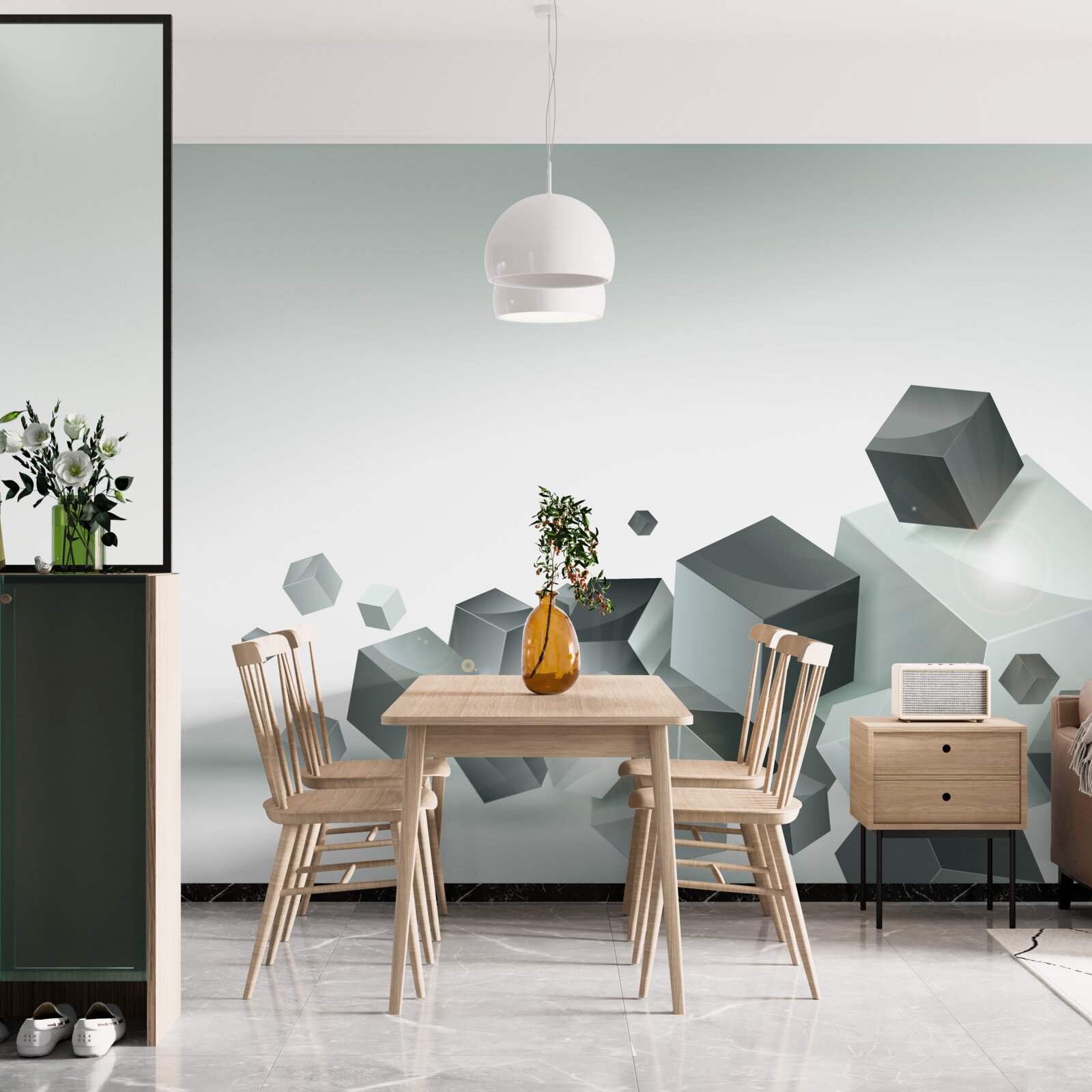 Fotobehang kubussen van verschillende vormen zweven in de lucht