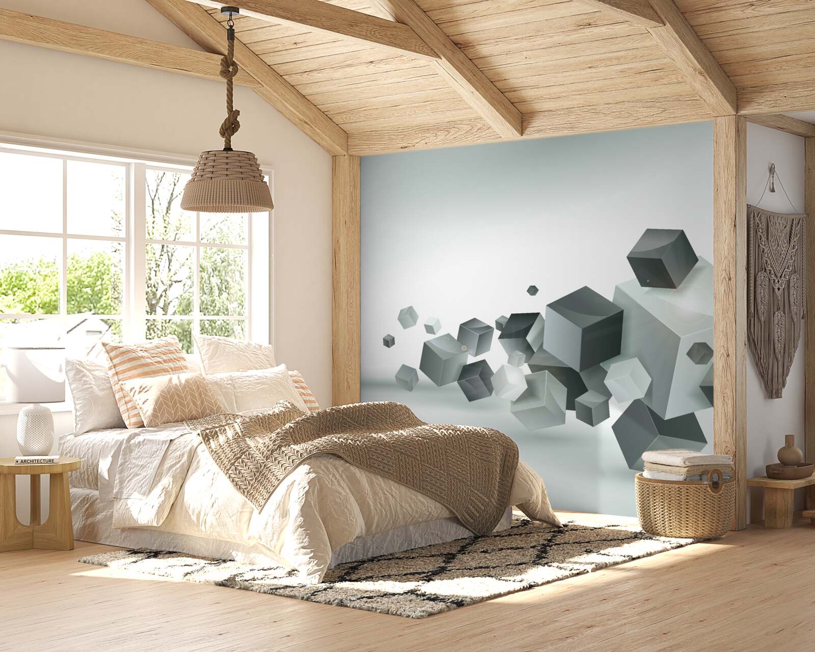 Fotobehang kubussen van verschillende vormen zweven in de lucht