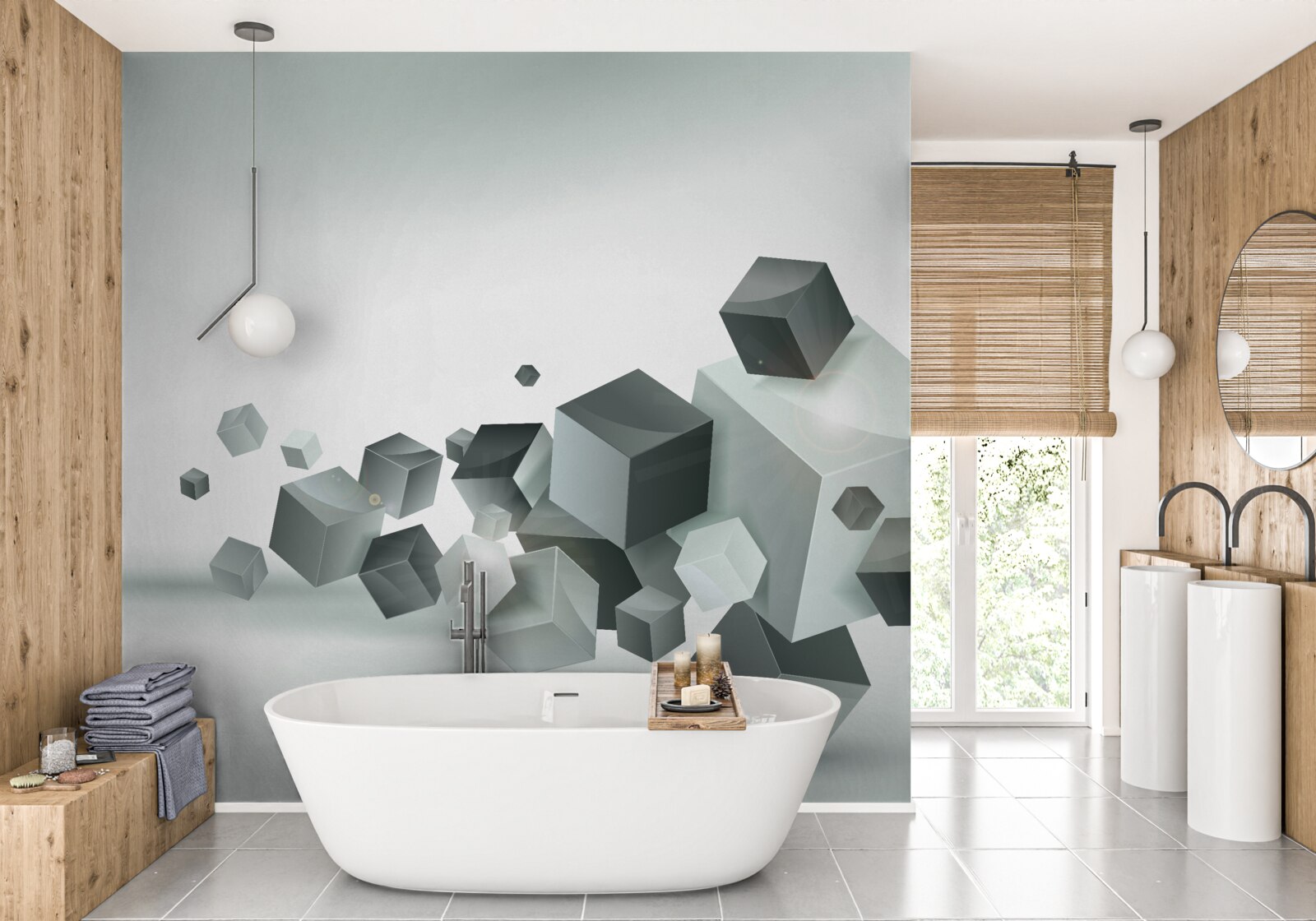 Fotobehang kubussen van verschillende vormen zweven in de lucht