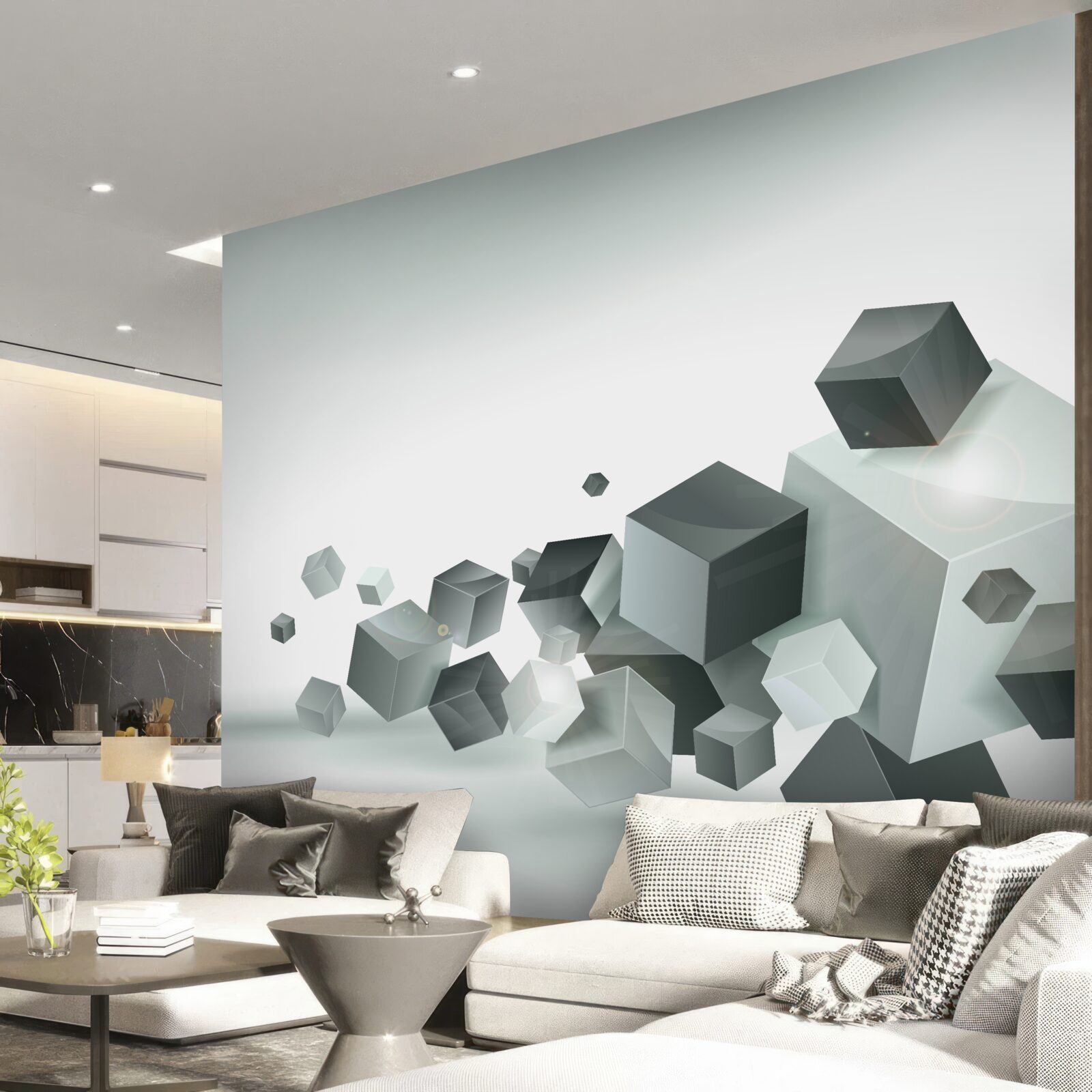 Fotobehang kubussen van verschillende vormen zweven in de lucht