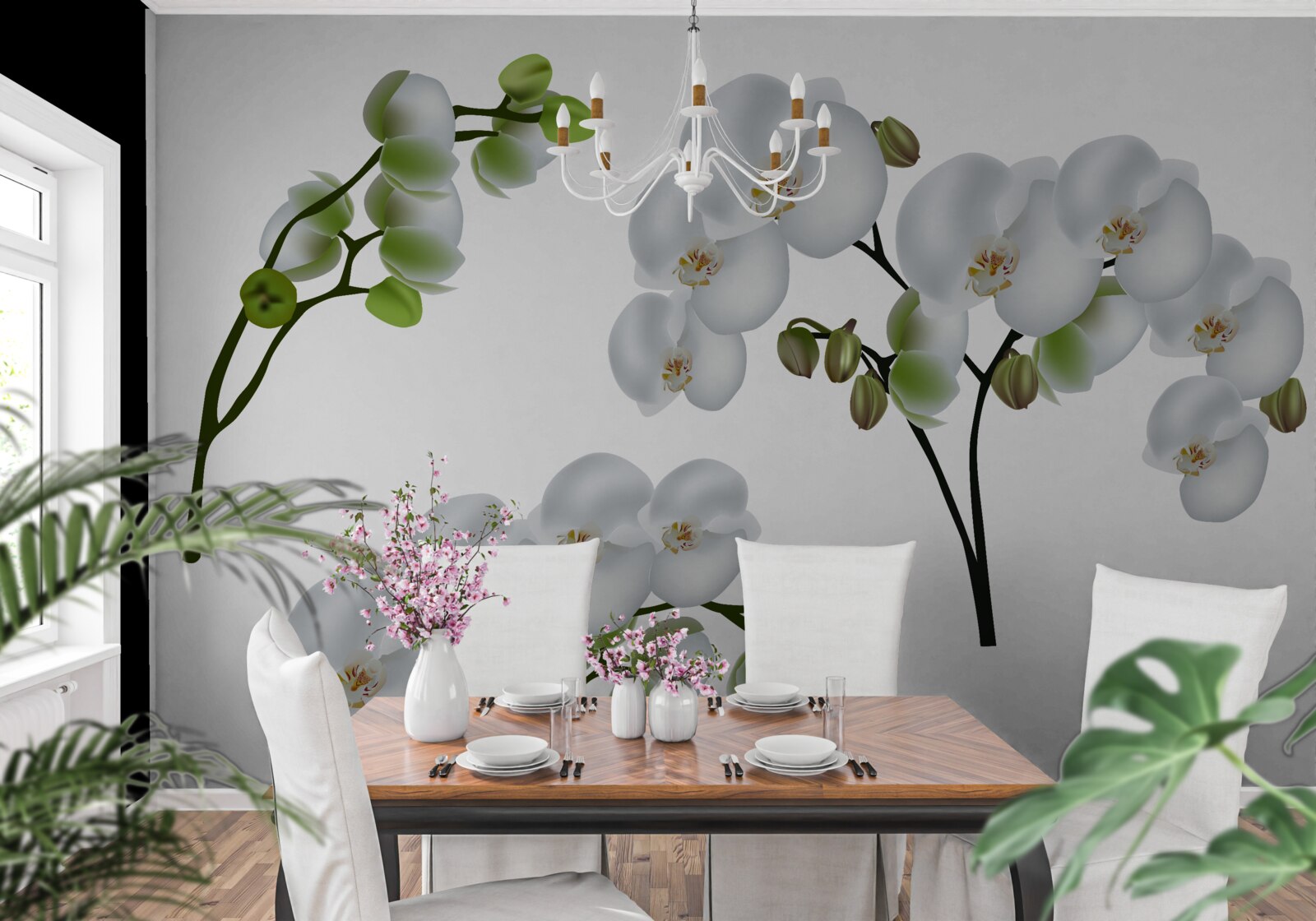 Fotobehang witte orchidee met groene bladeren