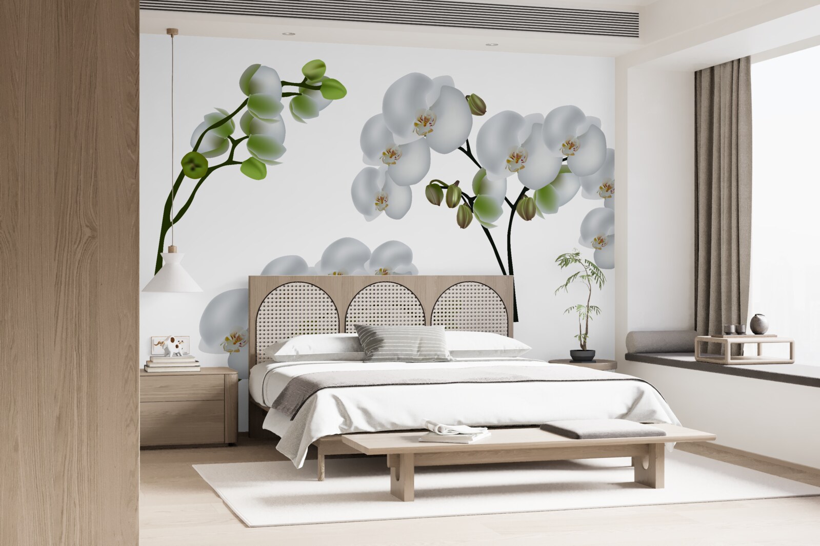 Fotobehang witte orchidee met groene bladeren