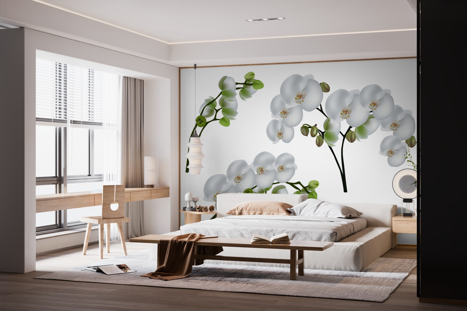 Fotobehang witte orchidee met groene bladeren