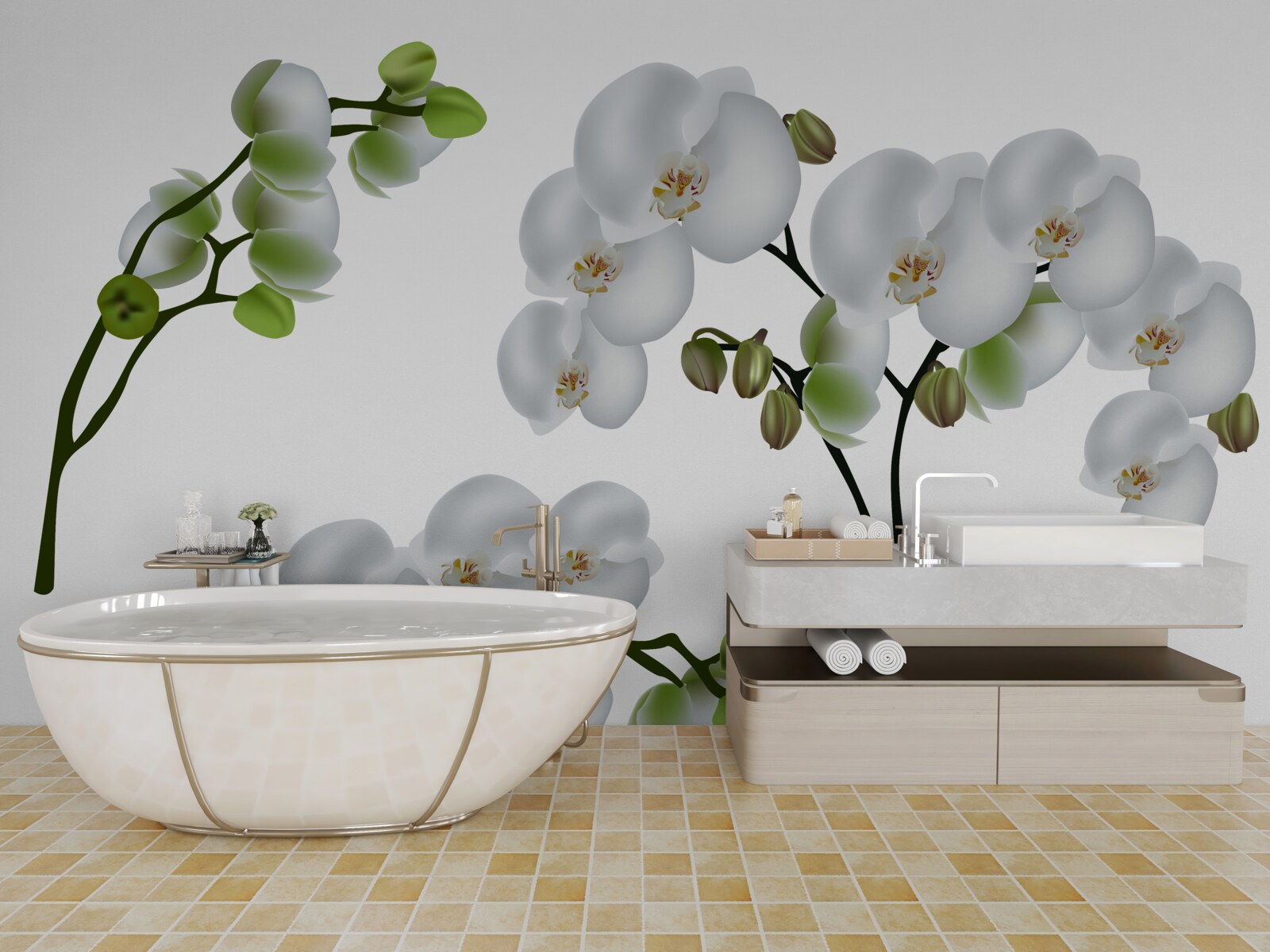 Fotobehang witte orchidee met groene bladeren