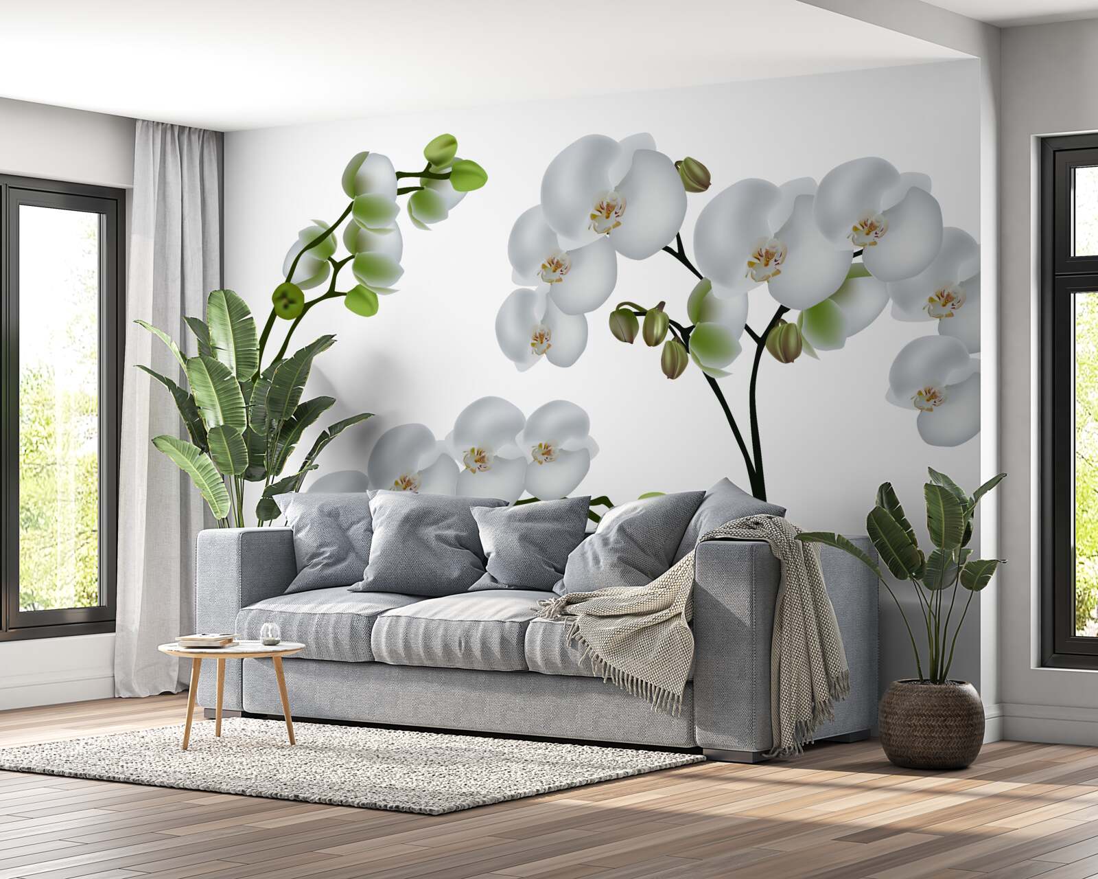 Fotobehang witte orchidee met groene bladeren
