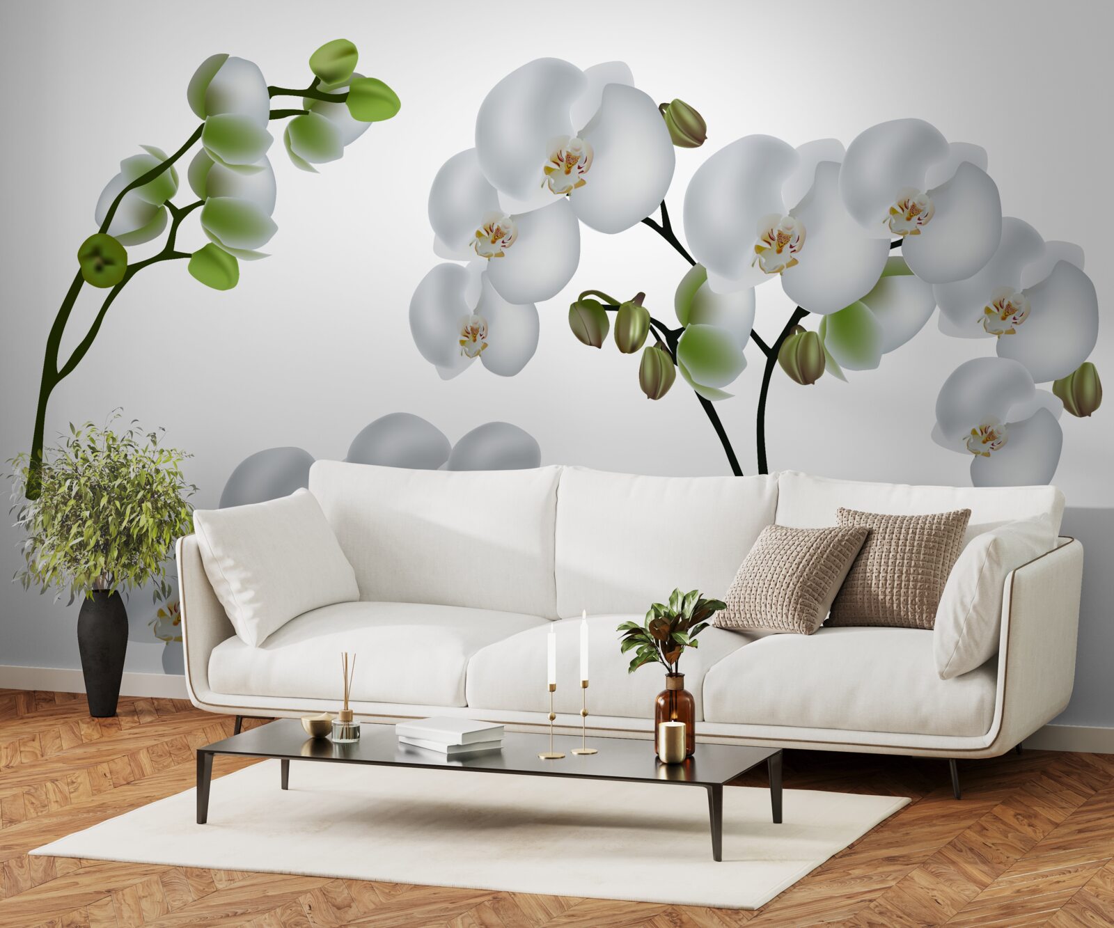 Fotobehang witte orchidee met groene bladeren