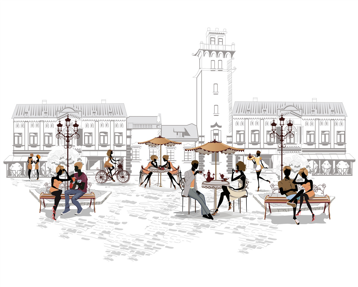 Fotobehang mensen in het stadscentrum getekend met potlood