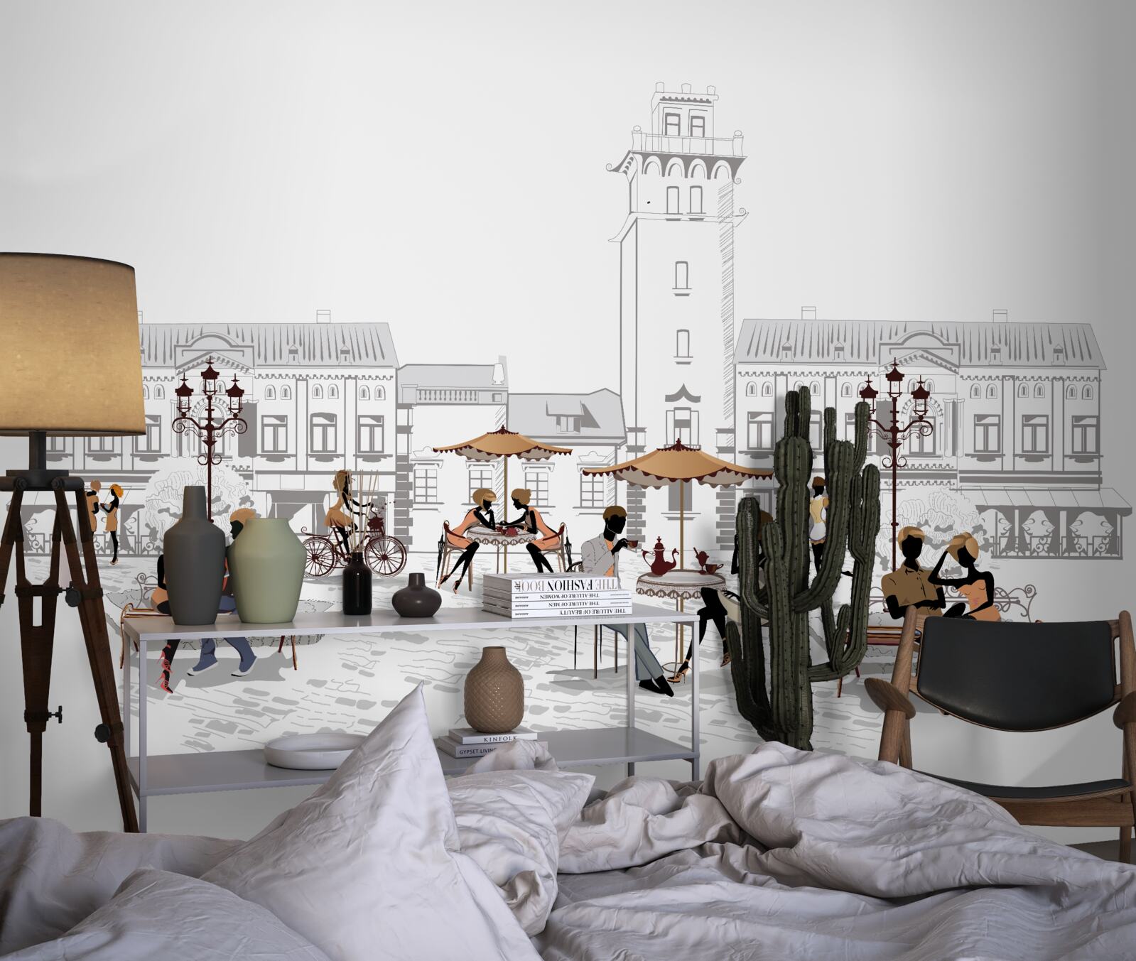 Fotobehang mensen in het stadscentrum getekend met potlood