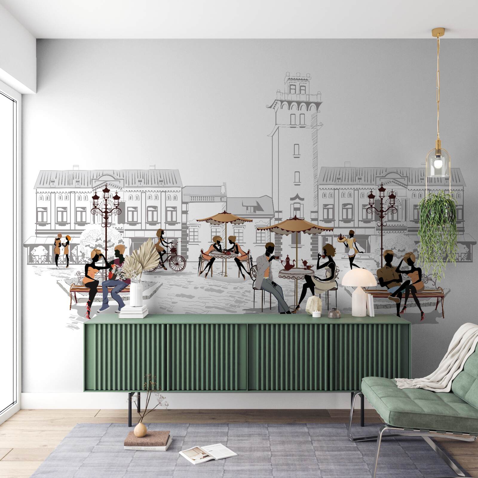 Fotobehang mensen in het stadscentrum getekend met potlood