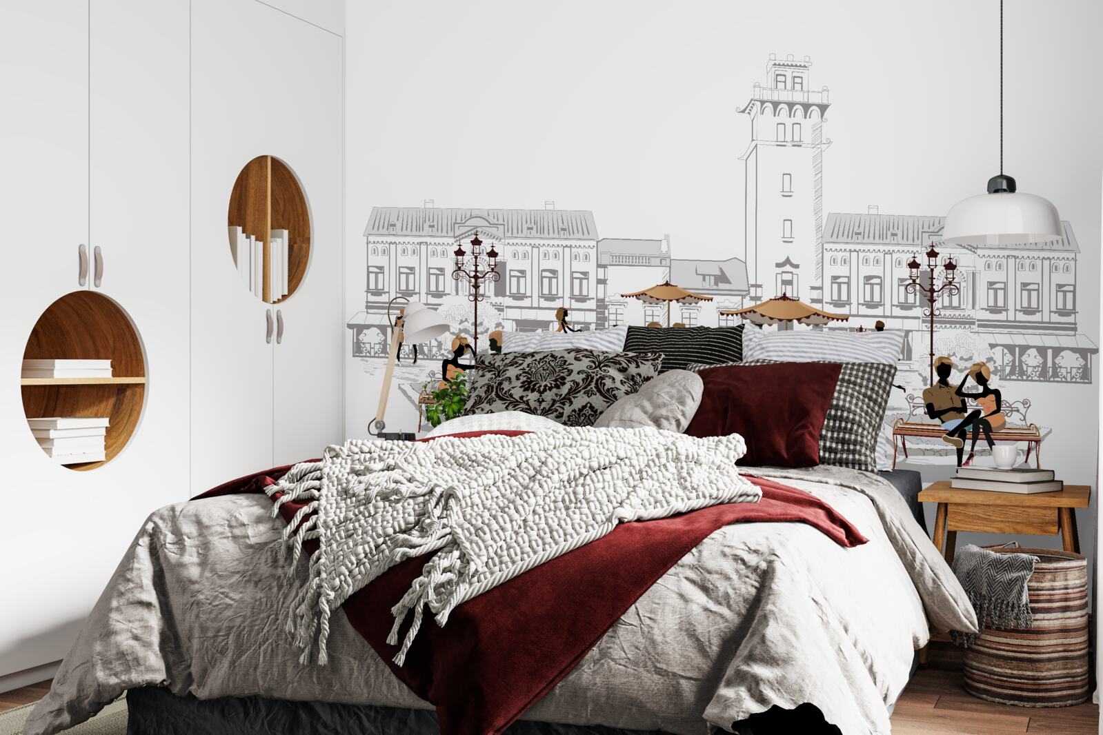 Fotobehang mensen in het stadscentrum getekend met potlood