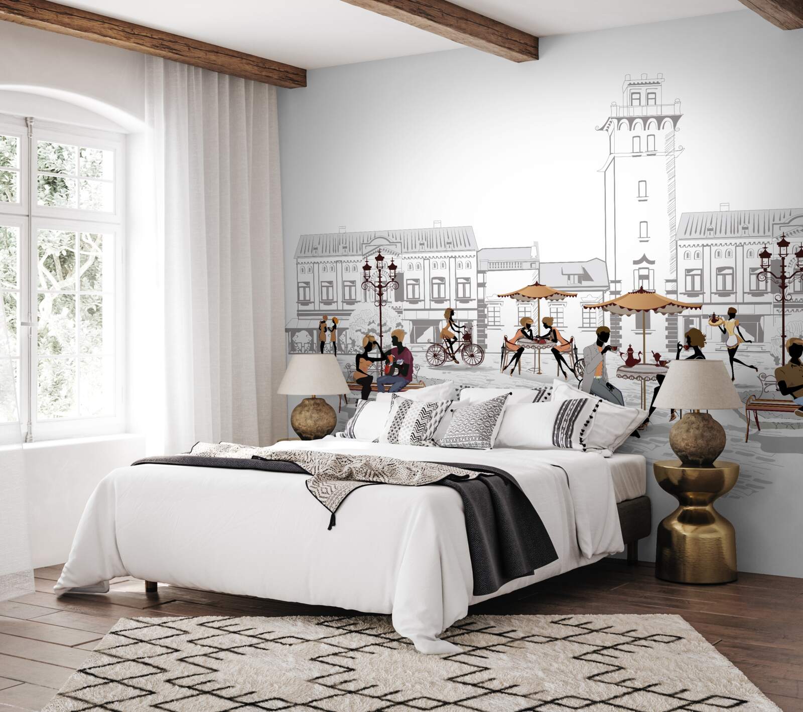 Fotobehang mensen in het stadscentrum getekend met potlood