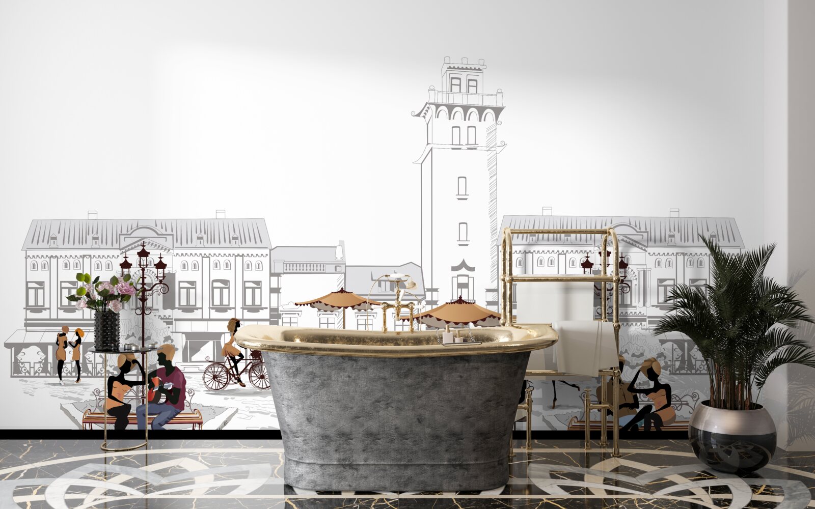 Fotobehang mensen in het stadscentrum getekend met potlood