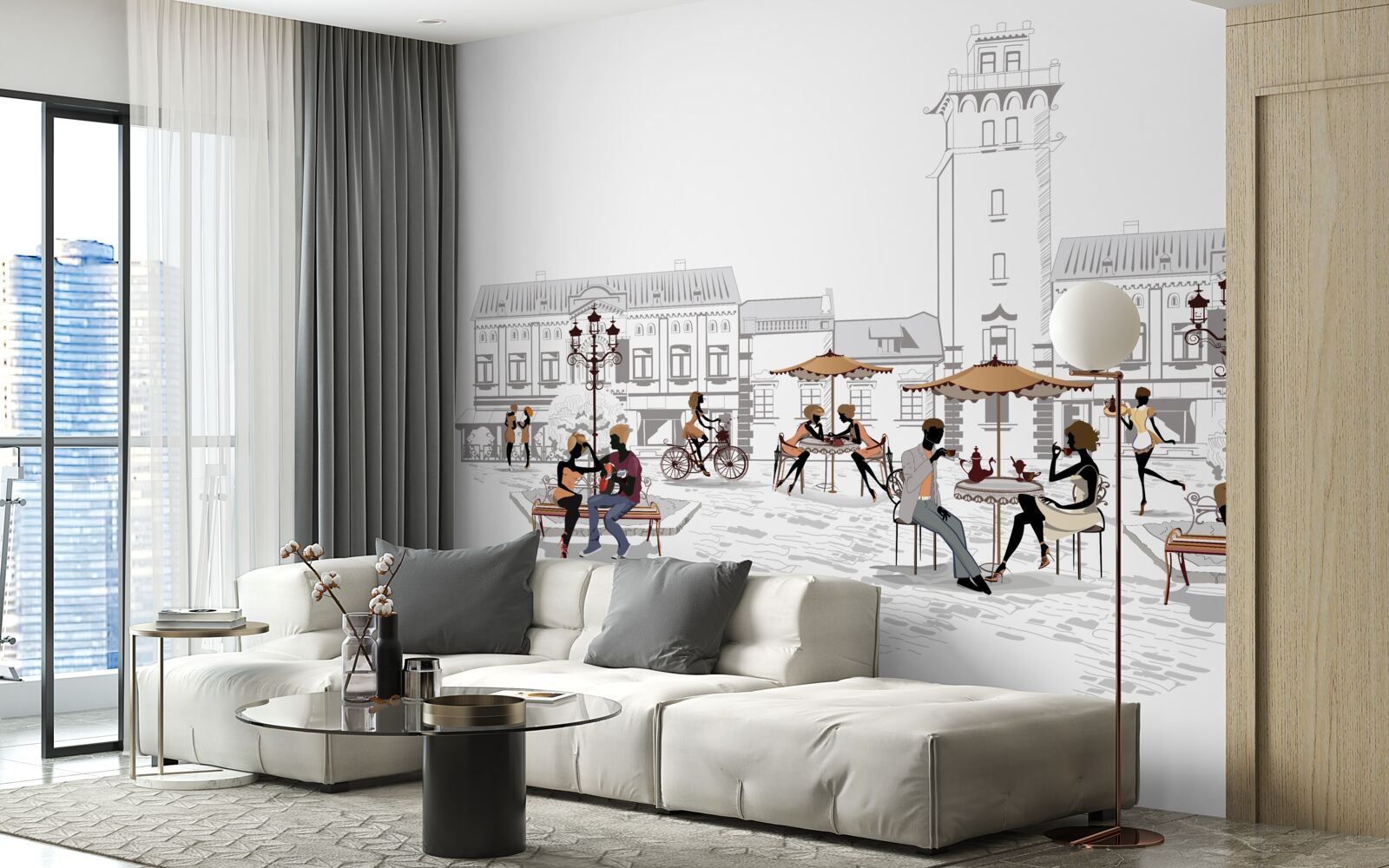 Fotobehang mensen in het stadscentrum getekend met potlood