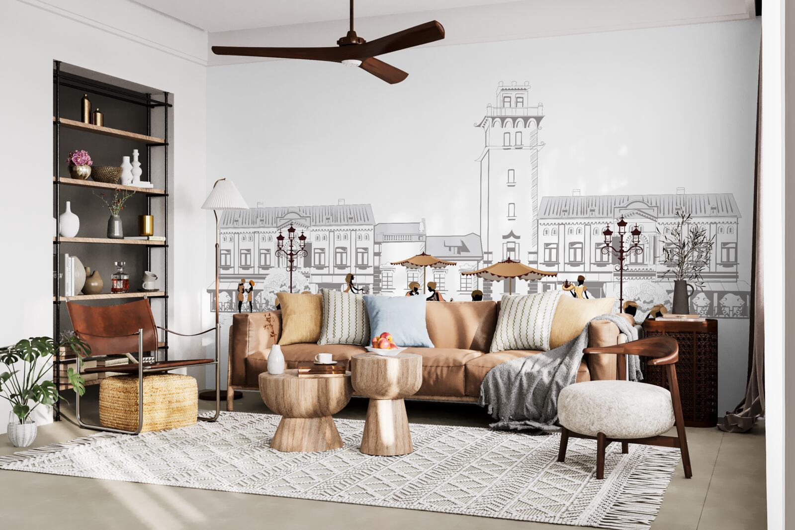 Fotobehang mensen in het stadscentrum getekend met potlood