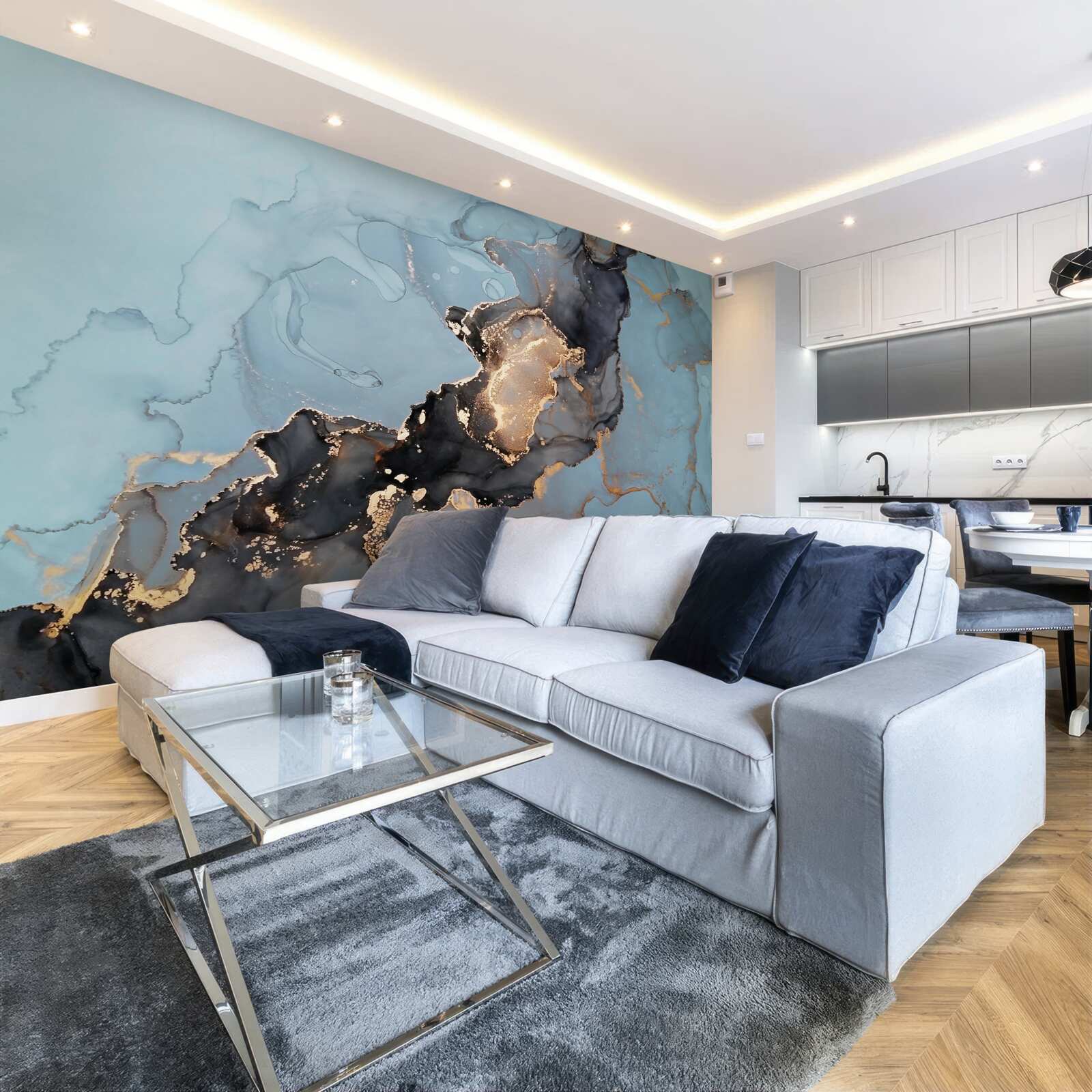 Fotobehang motiefpatroon op blauw marmer