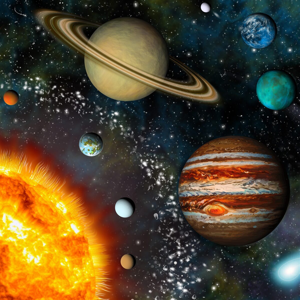 Fotobehang planeten die rond de zon draaien