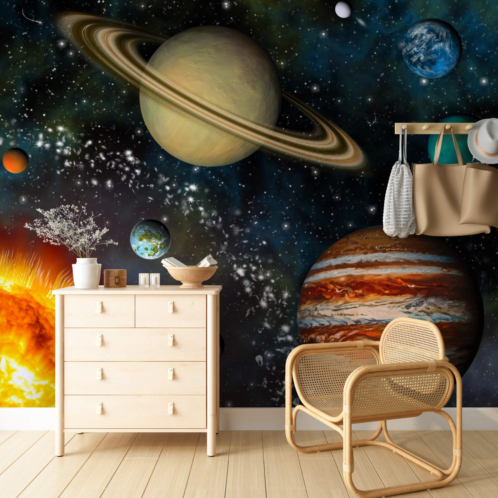 Fotobehang planeten die rond de zon draaien