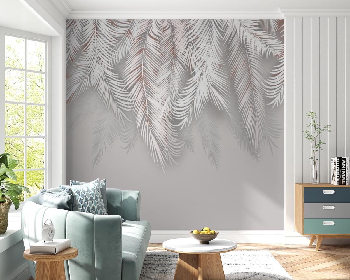 Fotobehang lichtgrijze palmbladeren