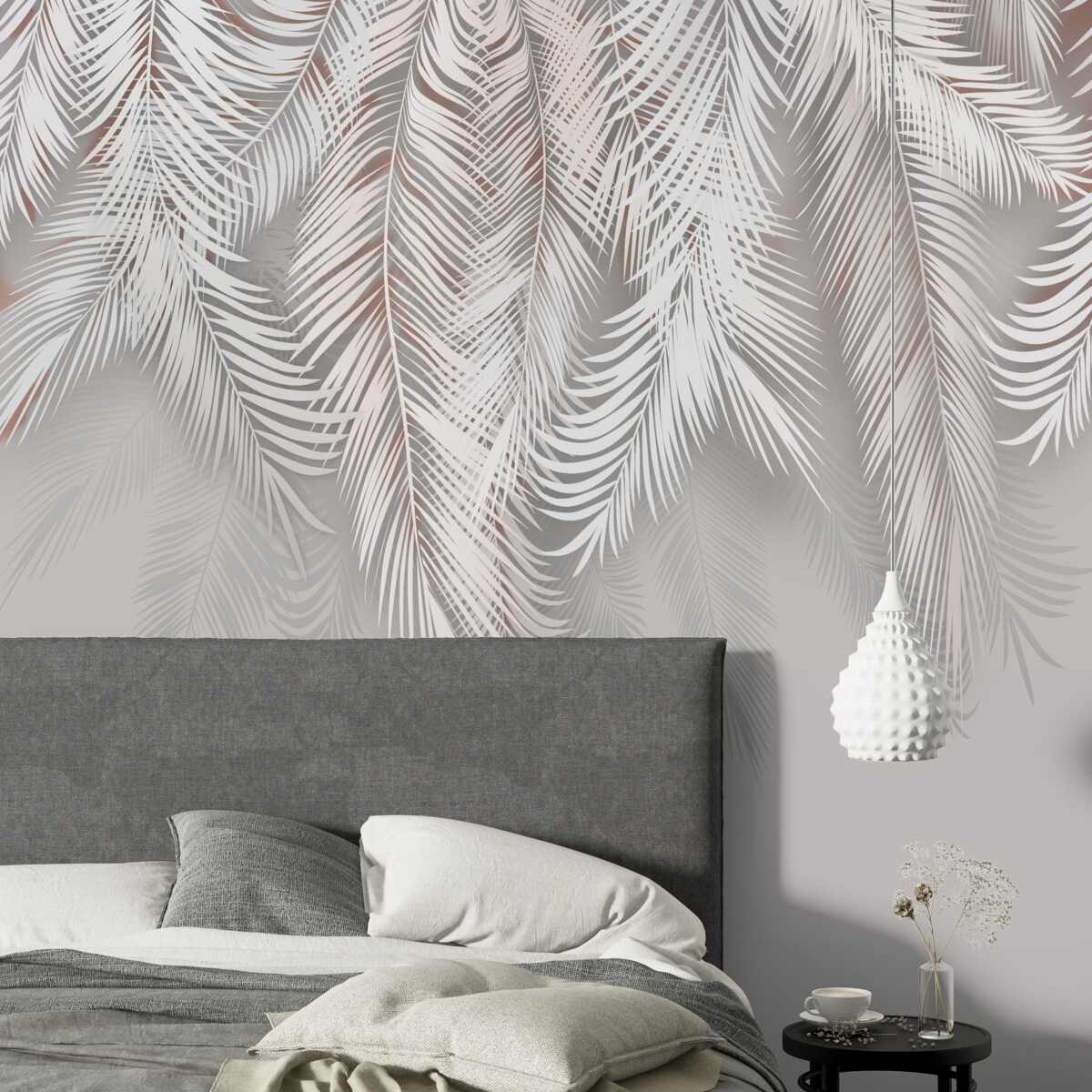 Fotobehang lichtgrijze palmbladeren