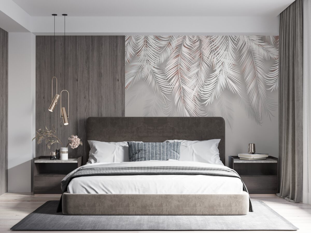 Fotobehang lichtgrijze palmbladeren