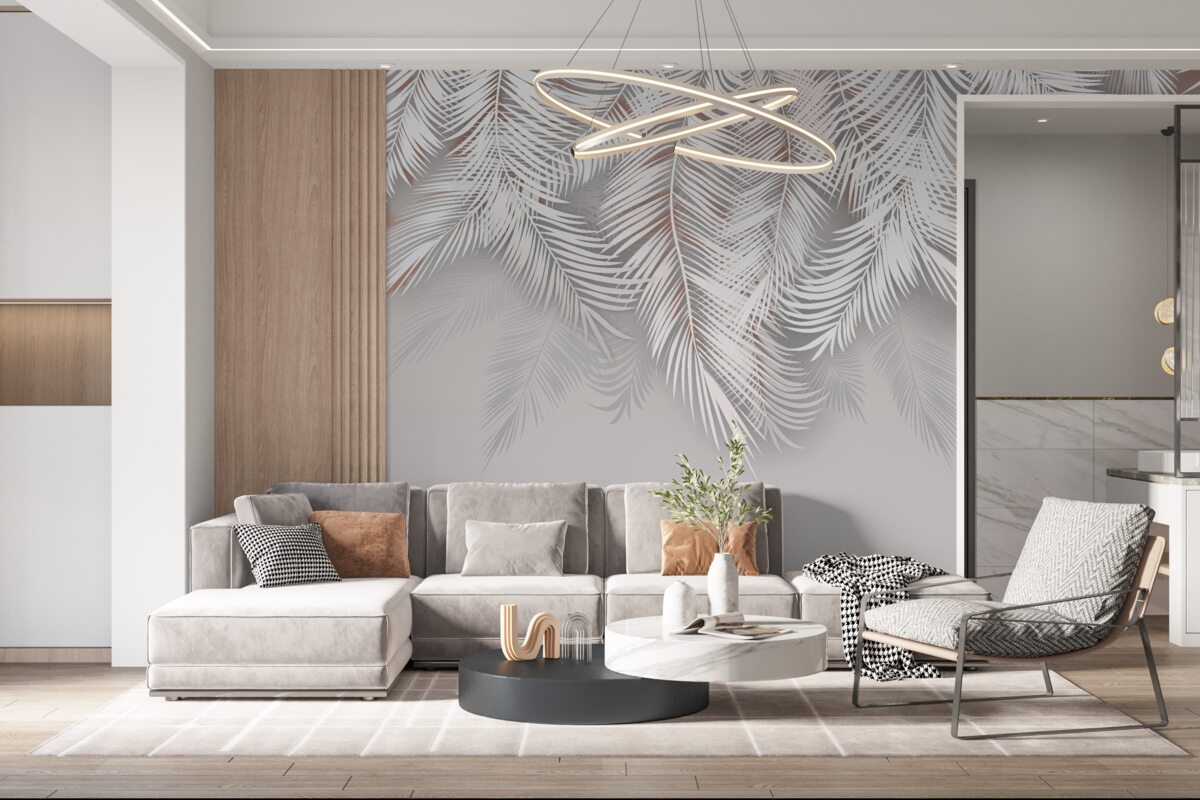 Fotobehang lichtgrijze palmbladeren