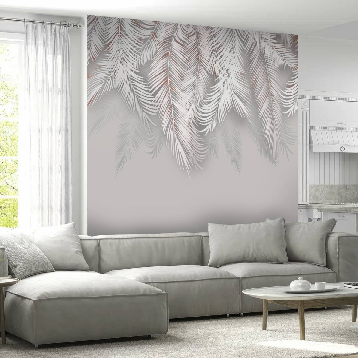 Fotobehang lichtgrijze palmbladeren