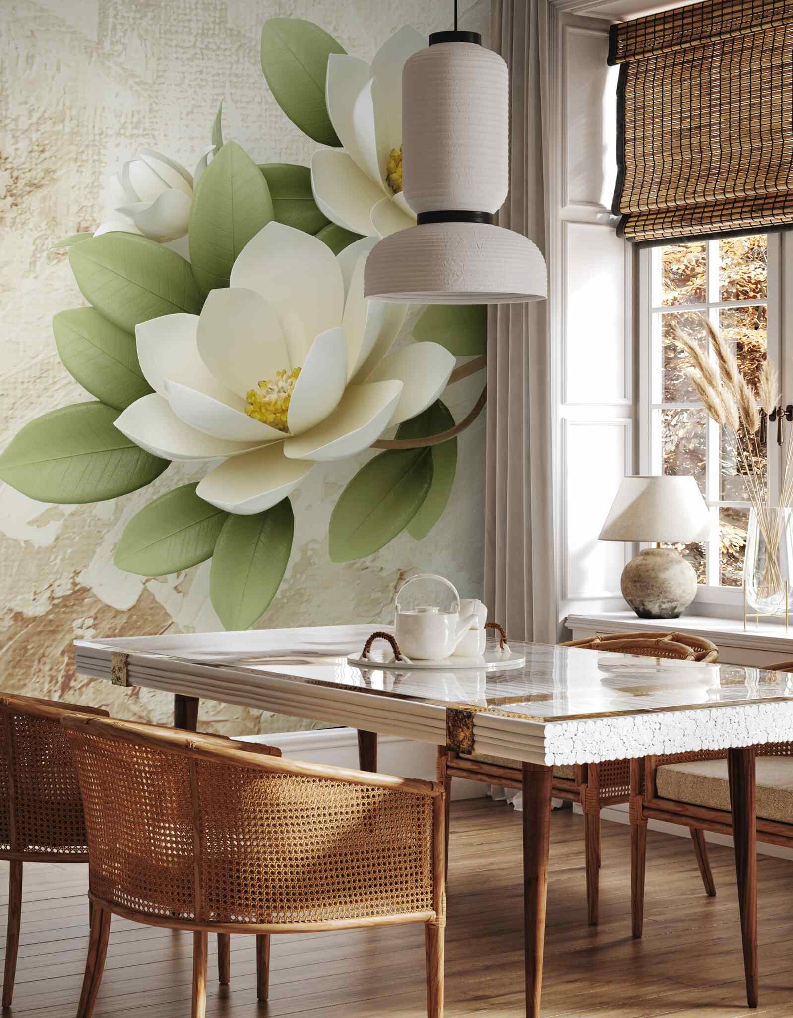 Fotobehang waterlelie met sneeuwwitte bloemblaadjes en groene bladeren