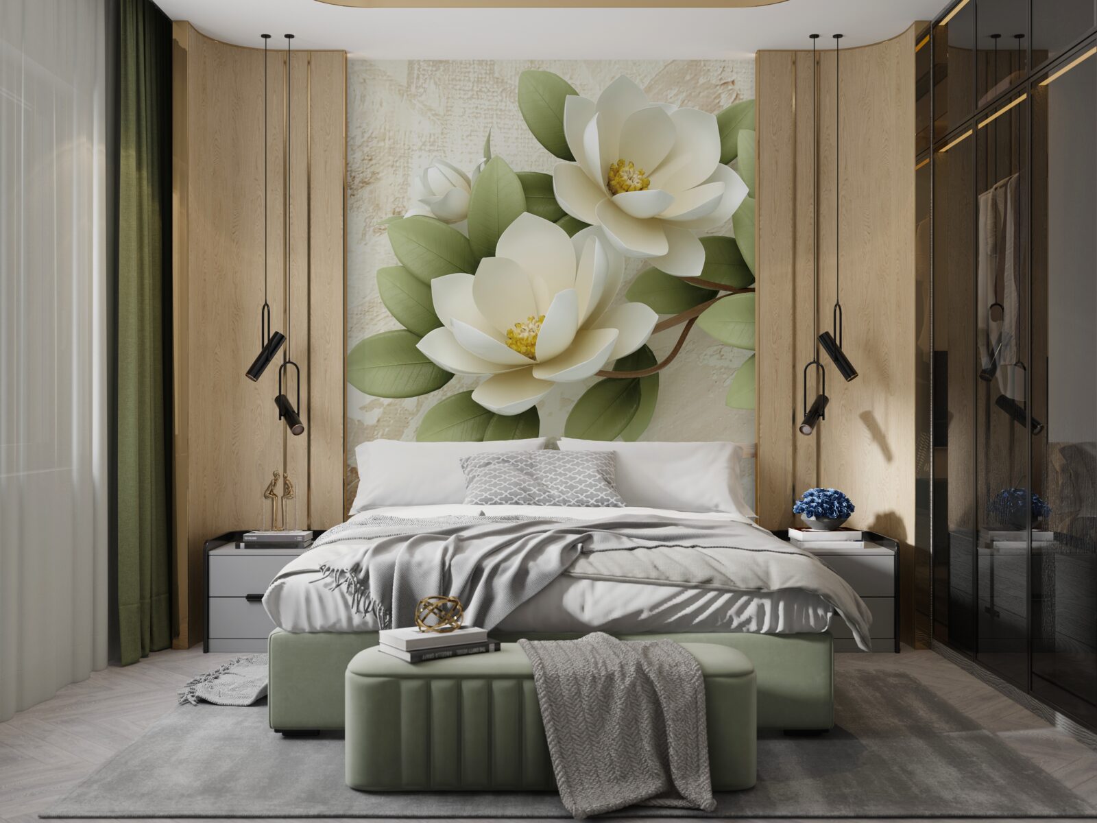 Fotobehang waterlelie met sneeuwwitte bloemblaadjes en groene bladeren