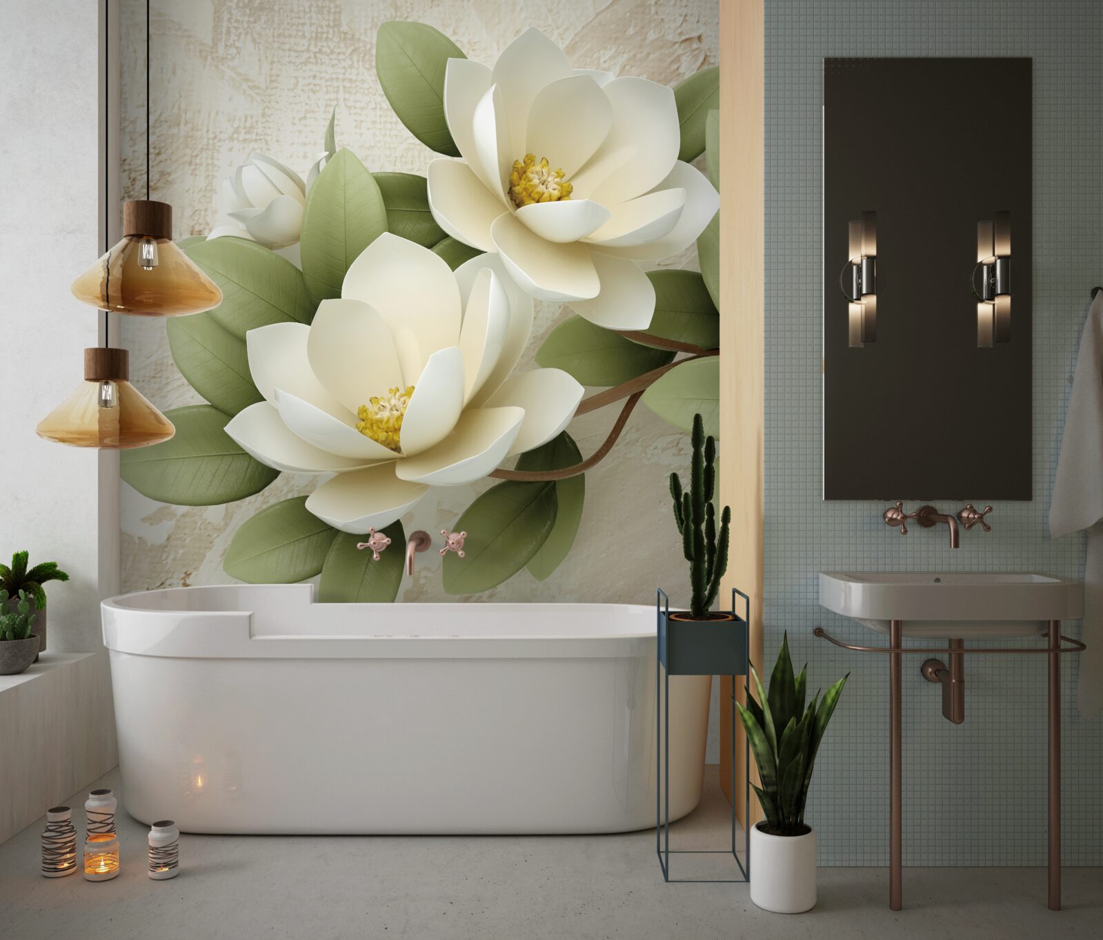 Fotobehang waterlelie met sneeuwwitte bloemblaadjes en groene bladeren