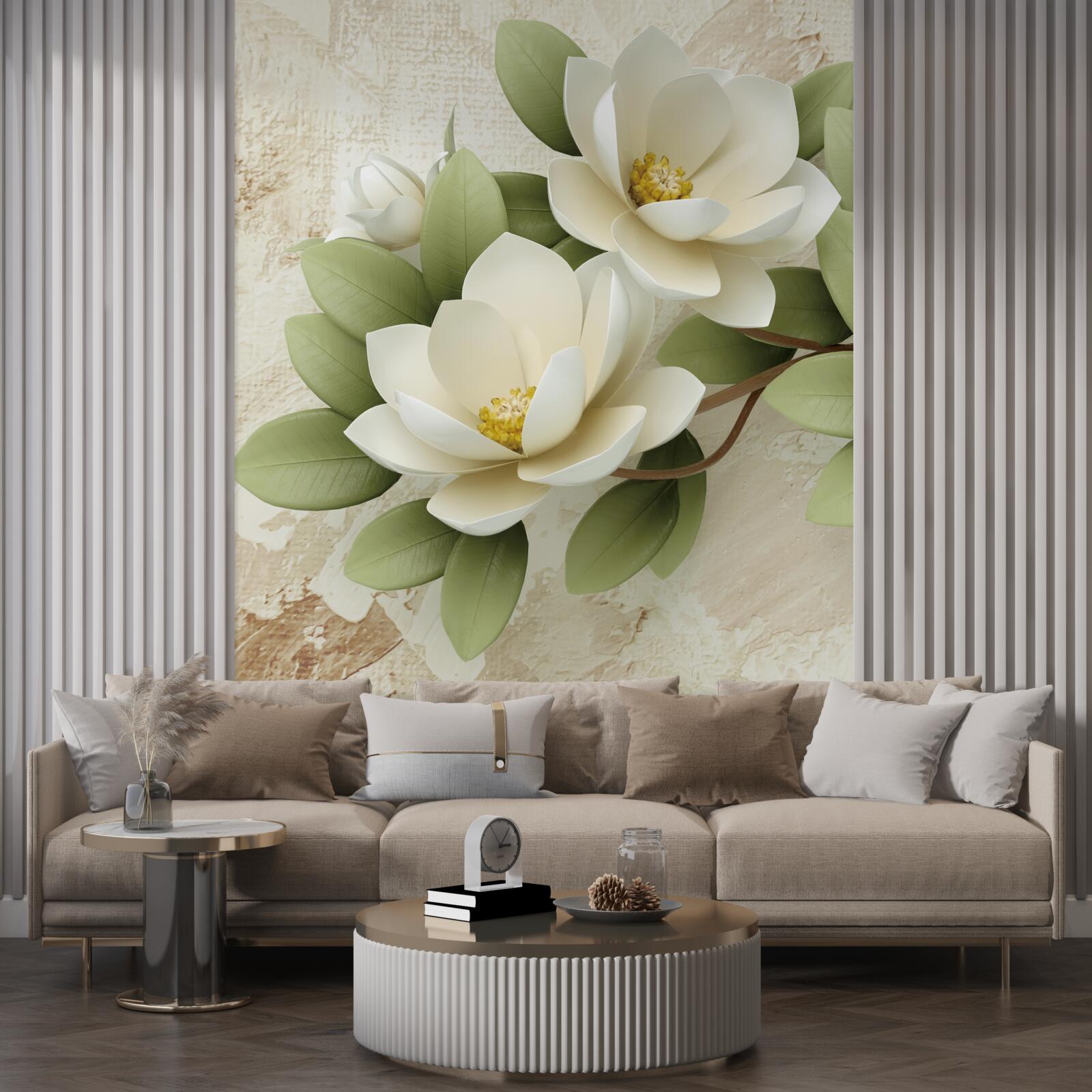 Fotobehang waterlelie met sneeuwwitte bloemblaadjes en groene bladeren