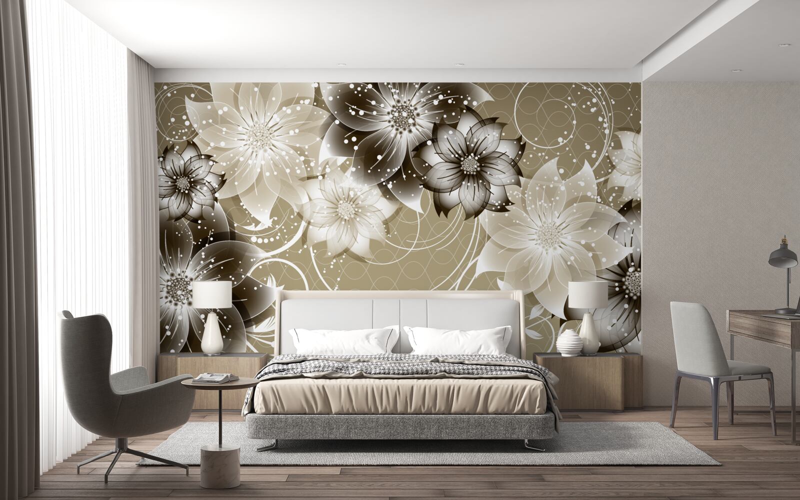 Fotobehang leliebloemen bloeien 's nachts op het water