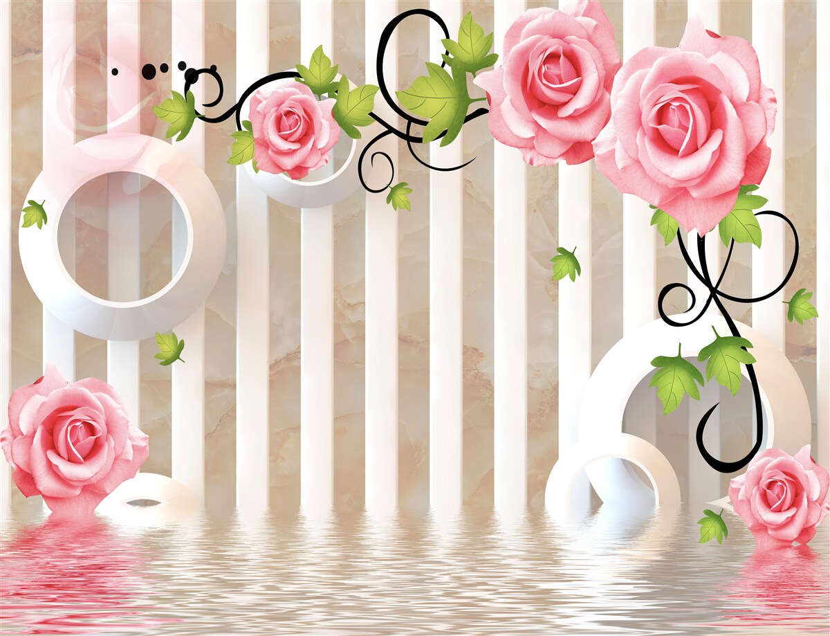 Fotobehang roos met roze bloemblaadjes en groene bladeren aan het water