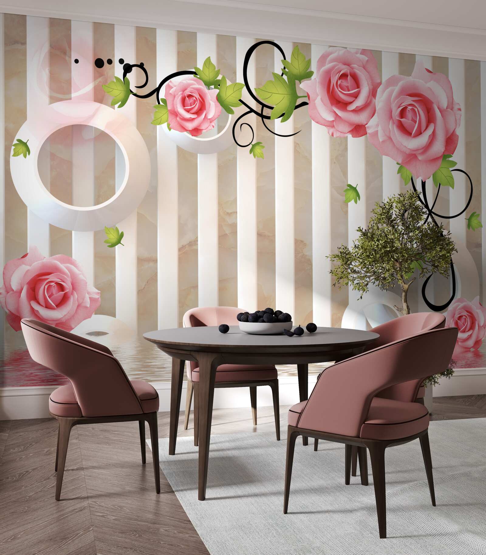 Fotobehang roos met roze bloemblaadjes en groene bladeren aan het water