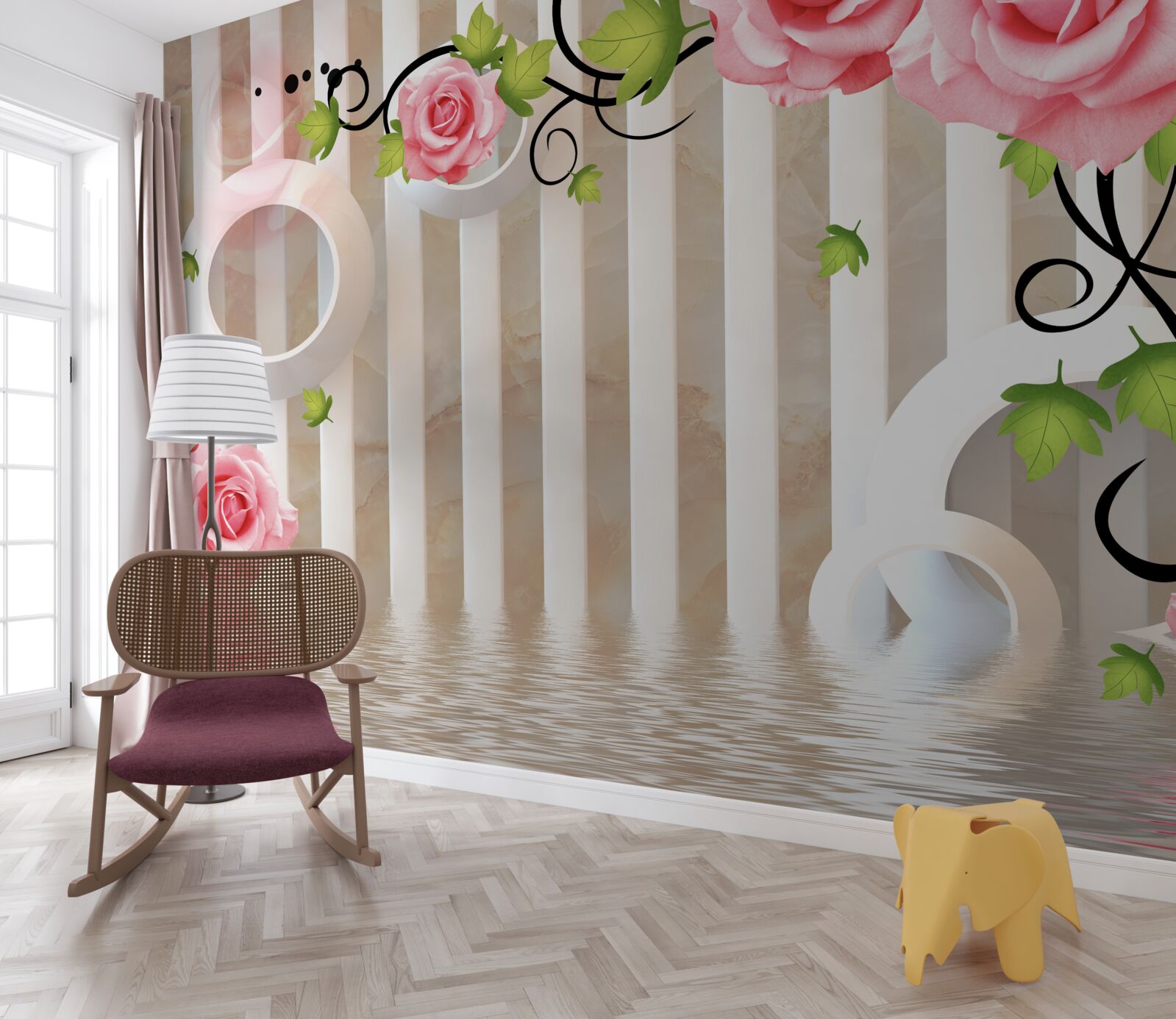 Fotobehang roos met roze bloemblaadjes en groene bladeren aan het water