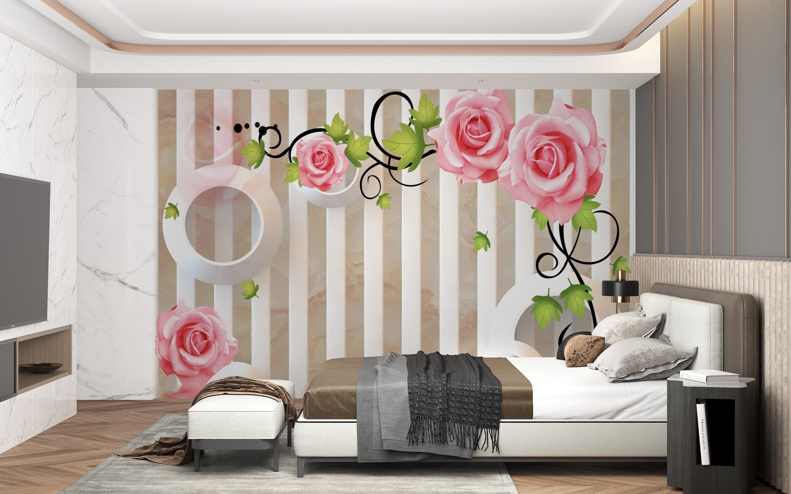 Fotobehang roos met roze bloemblaadjes en groene bladeren aan het water