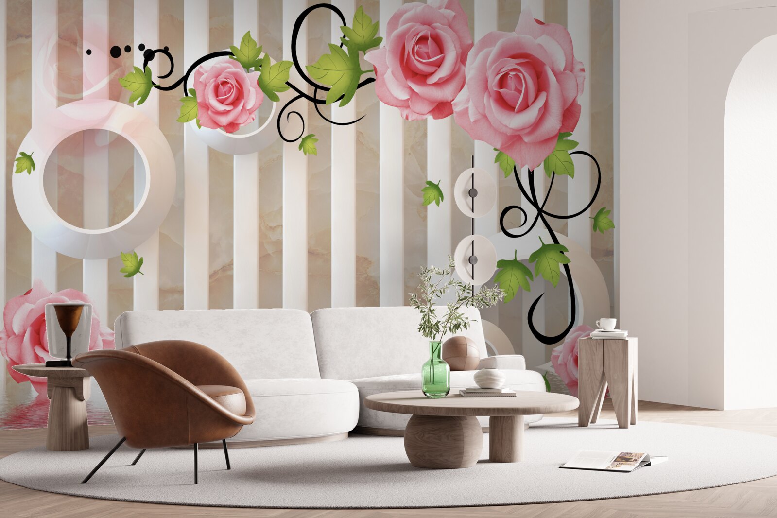 Fotobehang roos met roze bloemblaadjes en groene bladeren aan het water