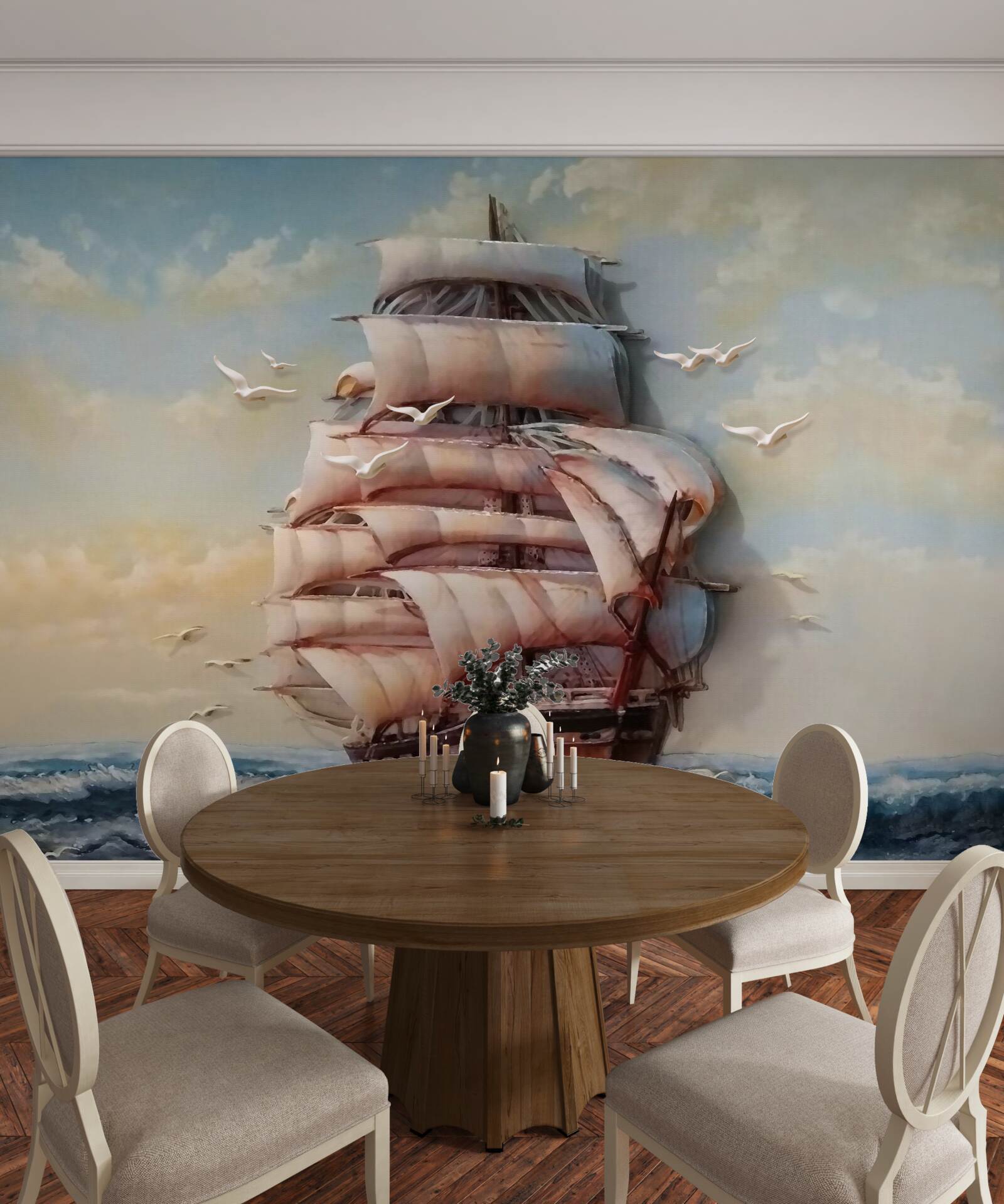 Fotobehang schip met zeilen tijdens een storm