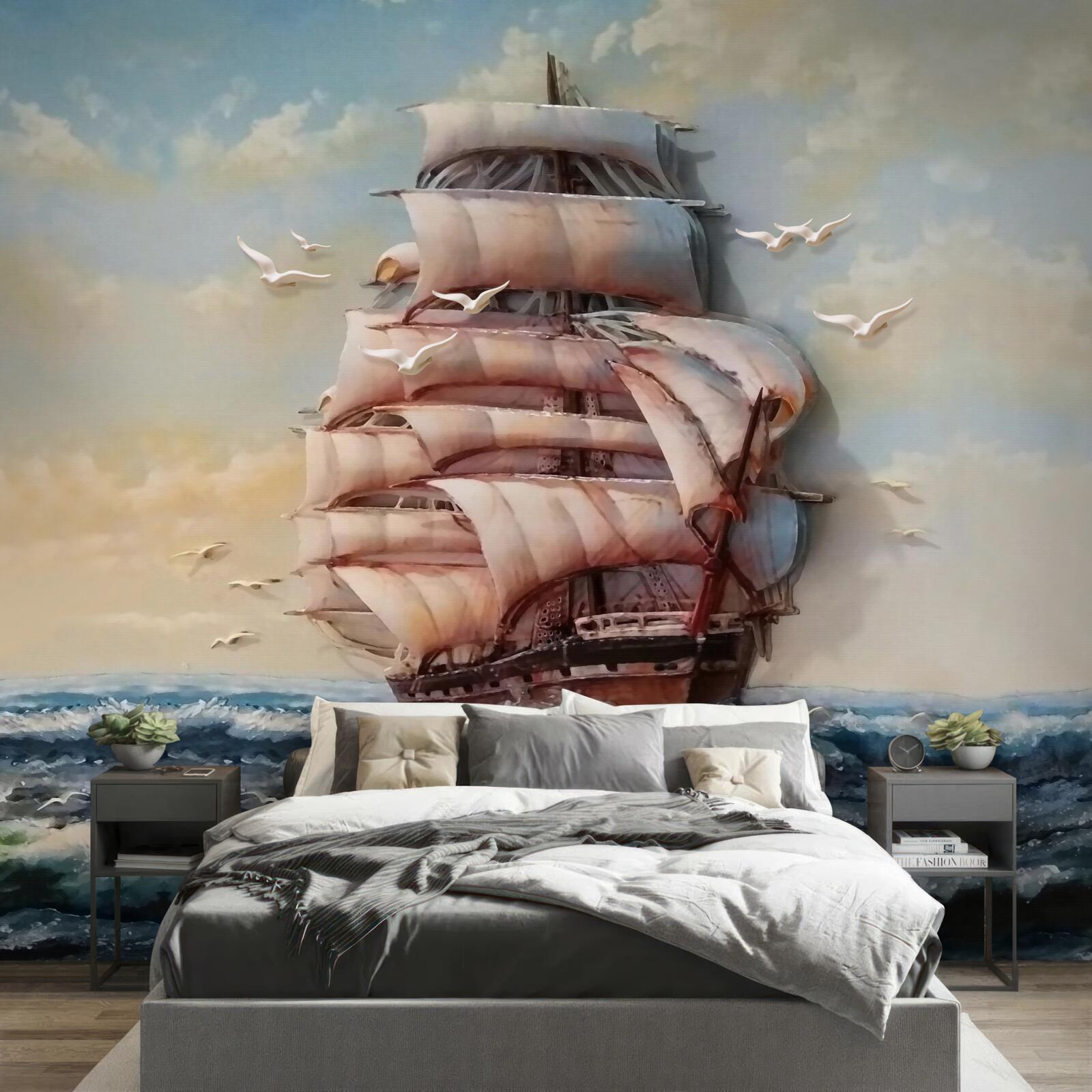 Fotobehang schip met zeilen tijdens een storm
