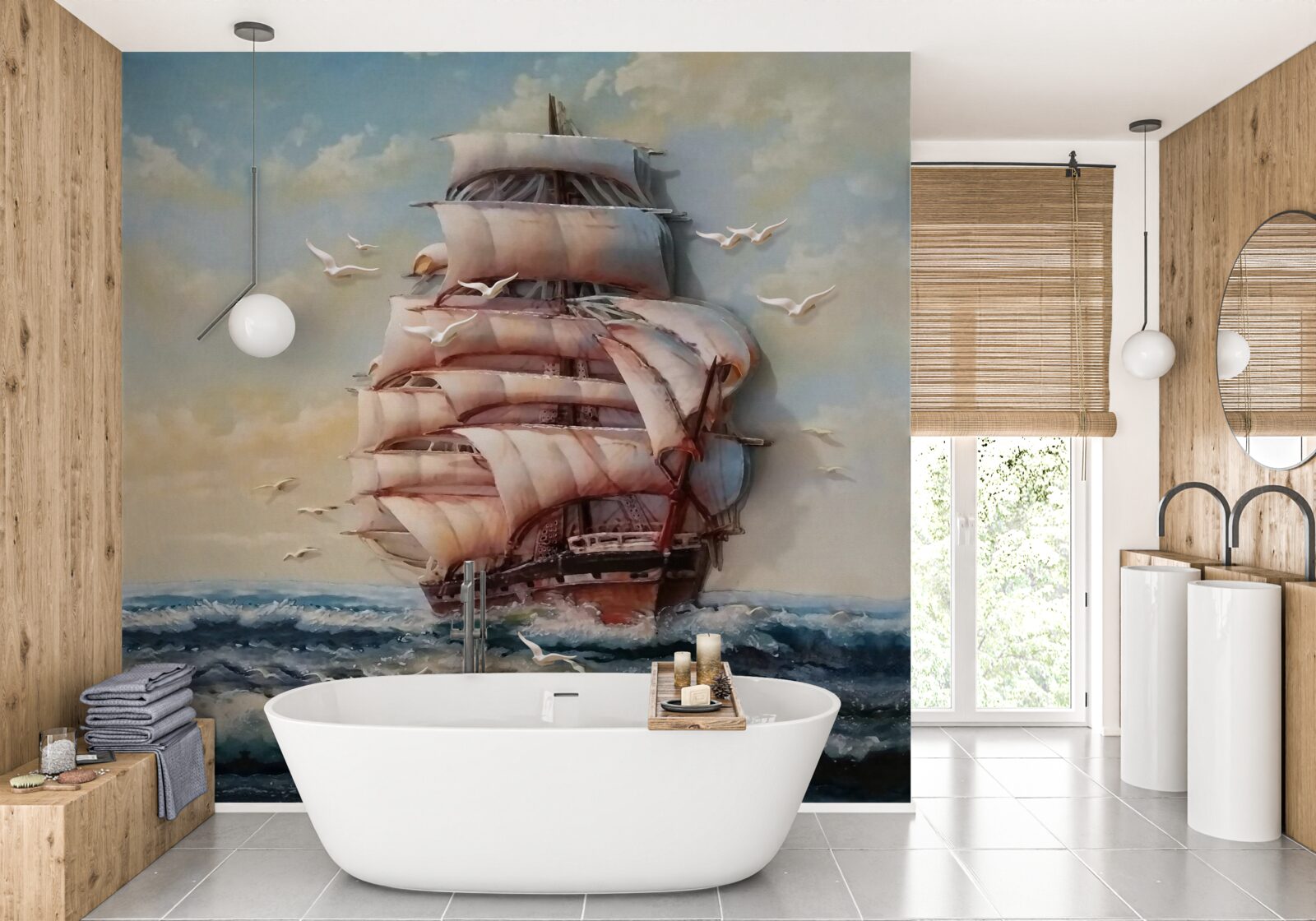 Fotobehang schip met zeilen tijdens een storm