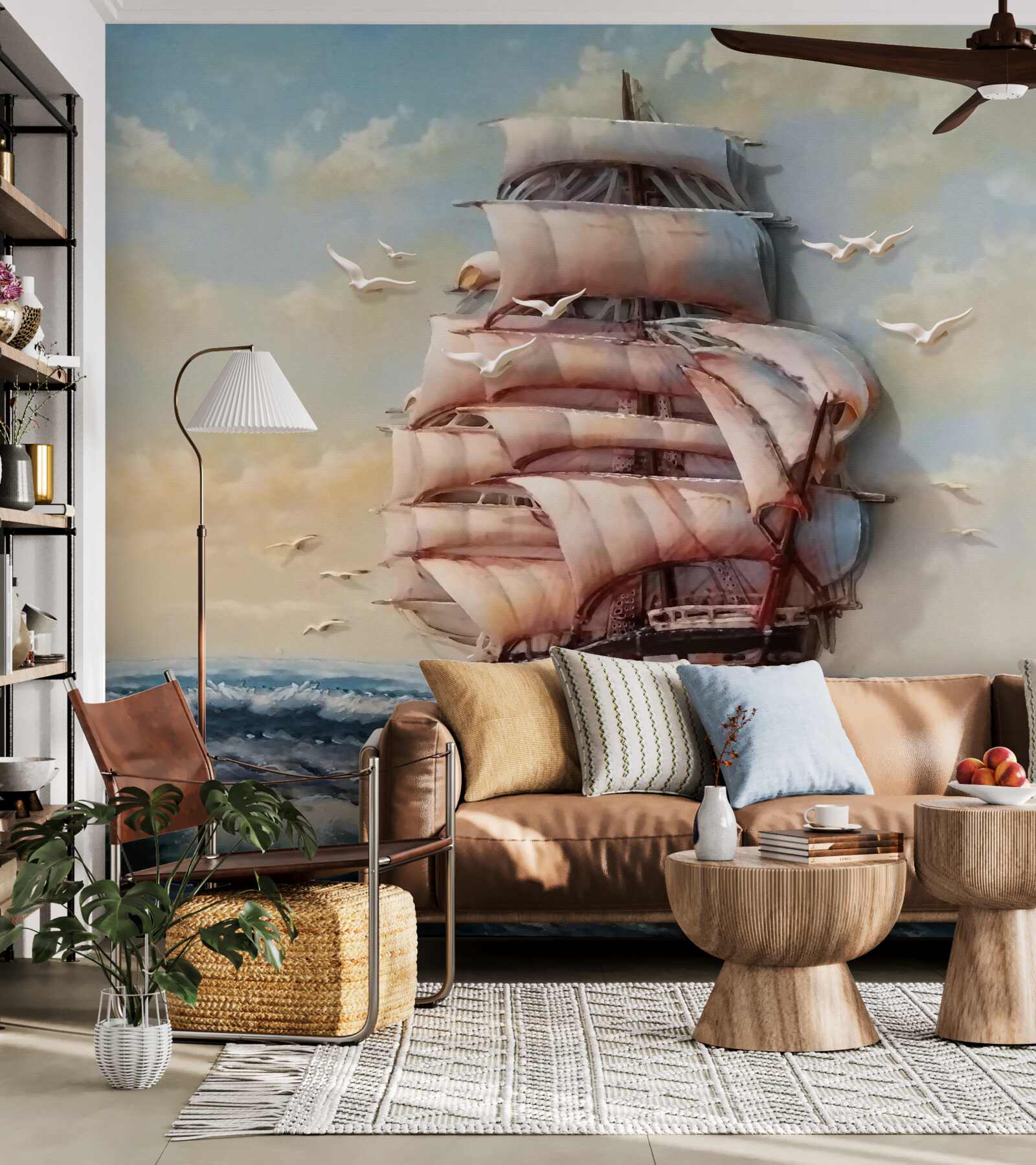 Fotobehang schip met zeilen tijdens een storm