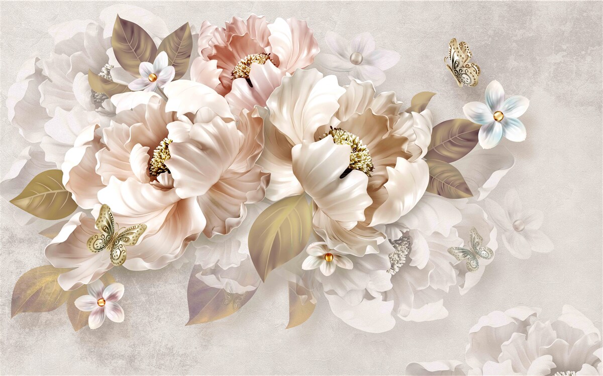 Fotobehang aquarel bloemencompositie op een lichtgrijze achtergrond