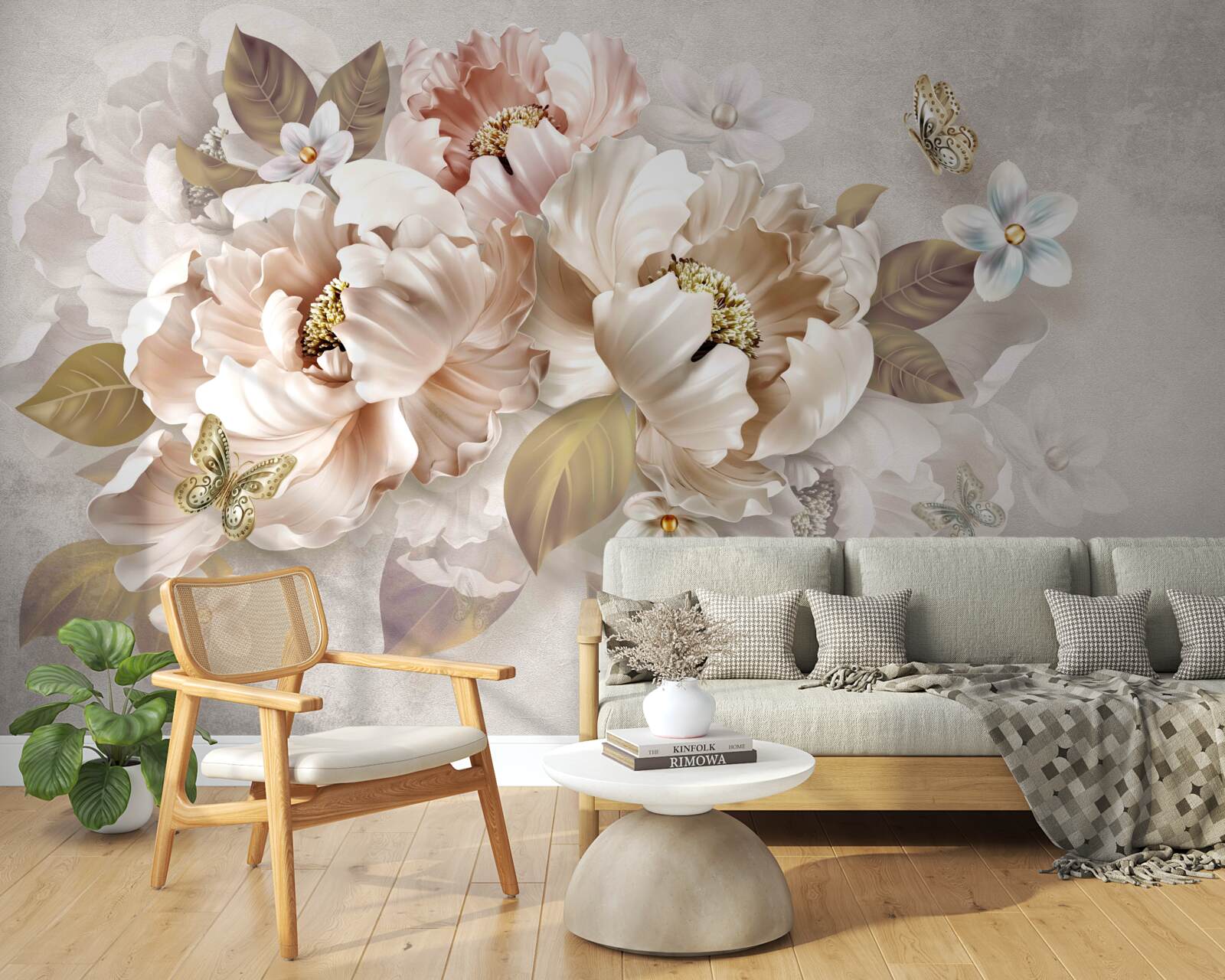 Fotobehang aquarel bloemencompositie op een lichtgrijze achtergrond