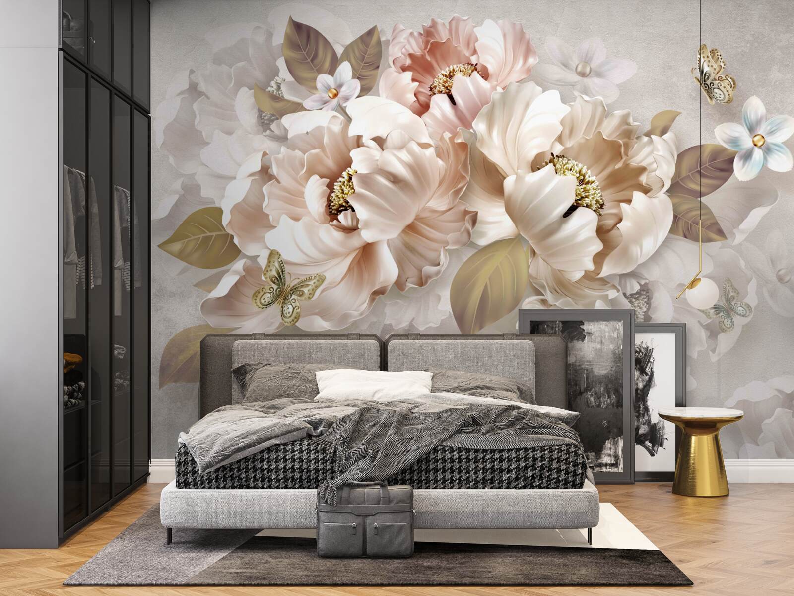 Fotobehang aquarel bloemencompositie op een lichtgrijze achtergrond