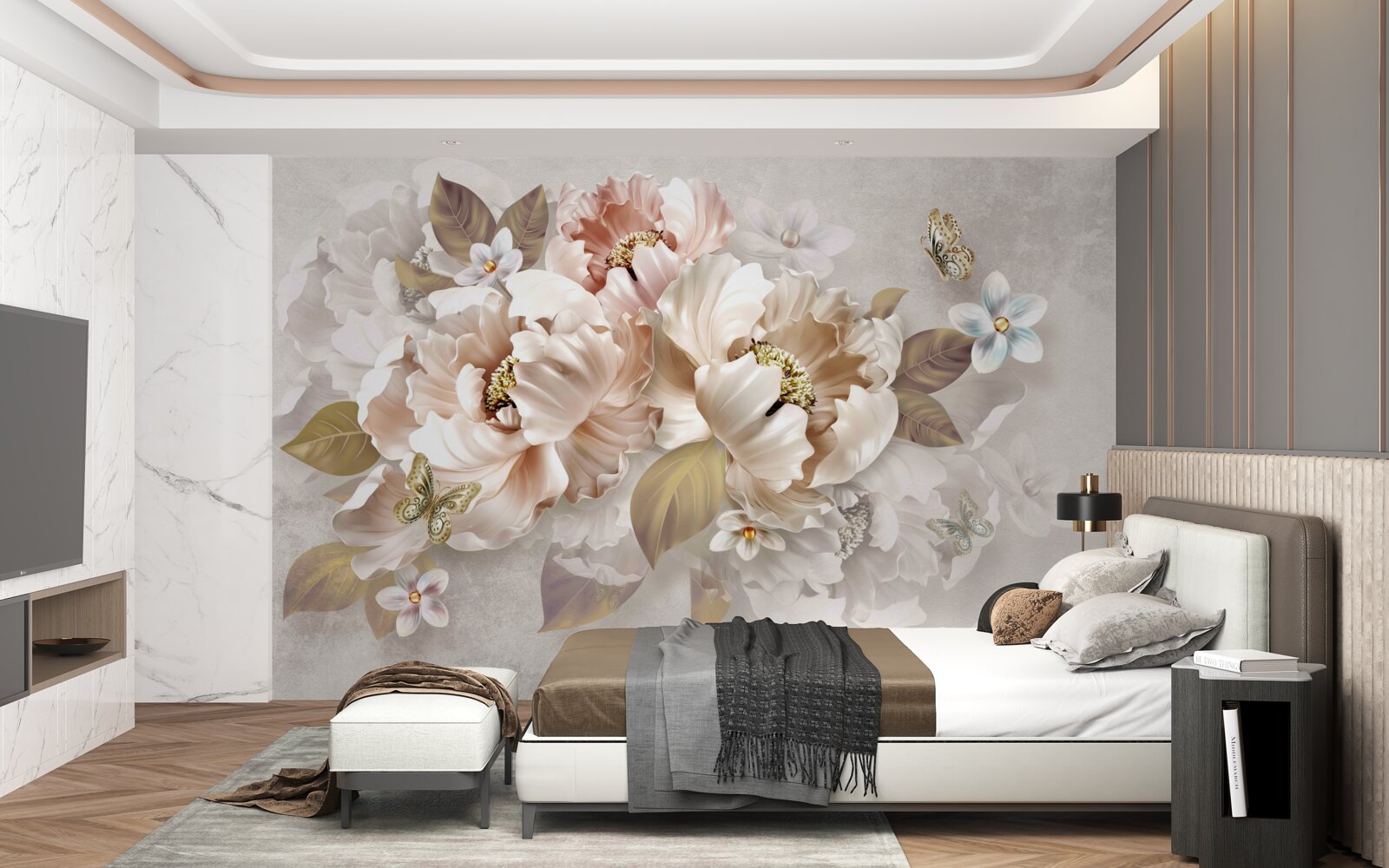 Fotobehang aquarel bloemencompositie op een lichtgrijze achtergrond