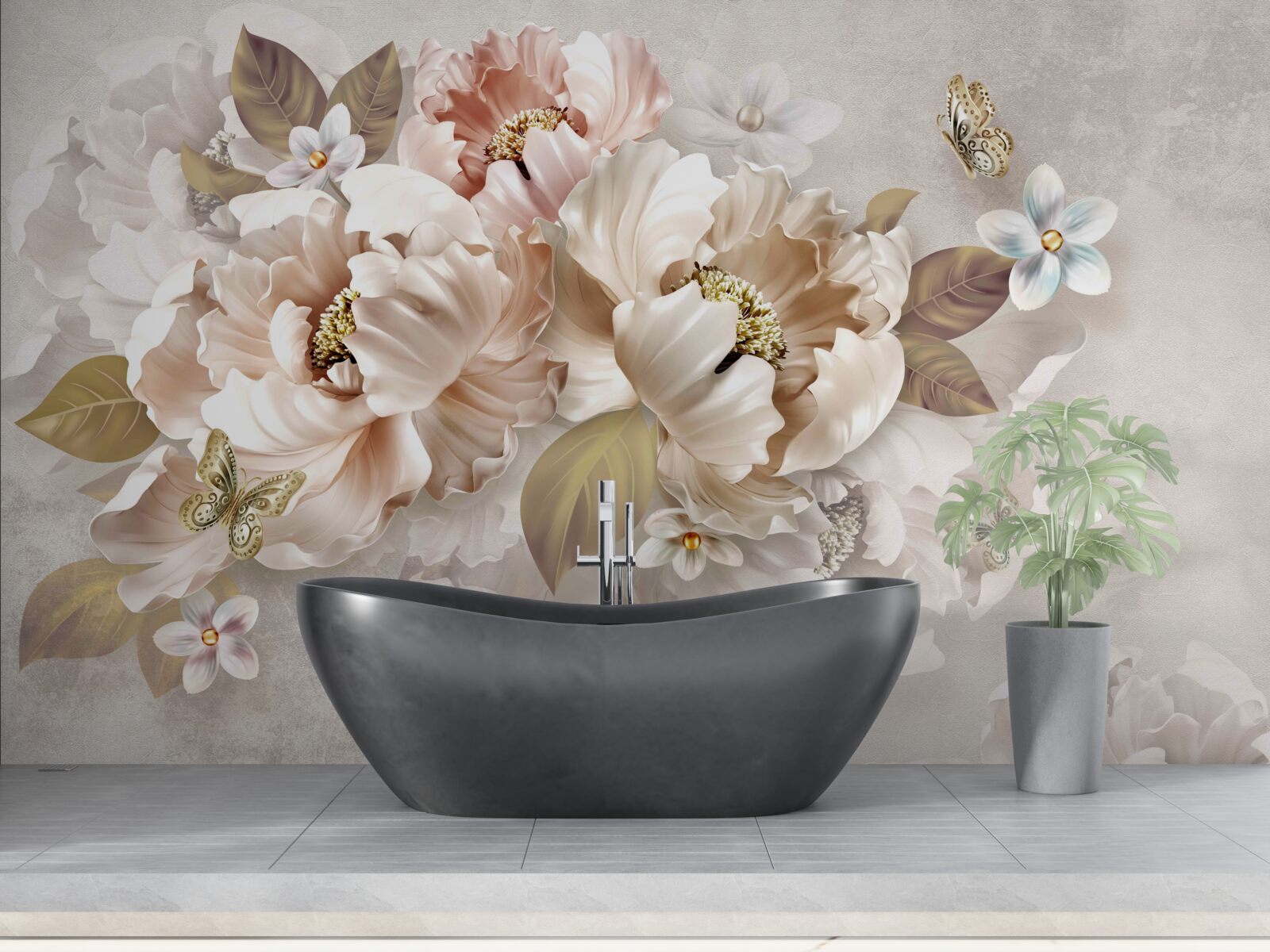 Fotobehang aquarel bloemencompositie op een lichtgrijze achtergrond