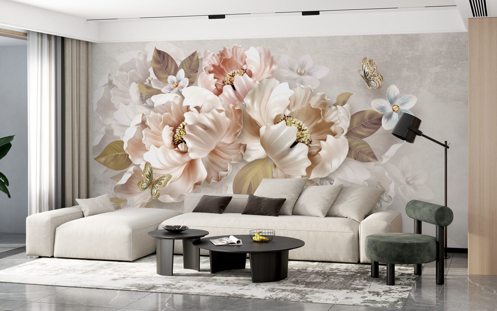 Fotobehang aquarel bloemencompositie op een lichtgrijze achtergrond