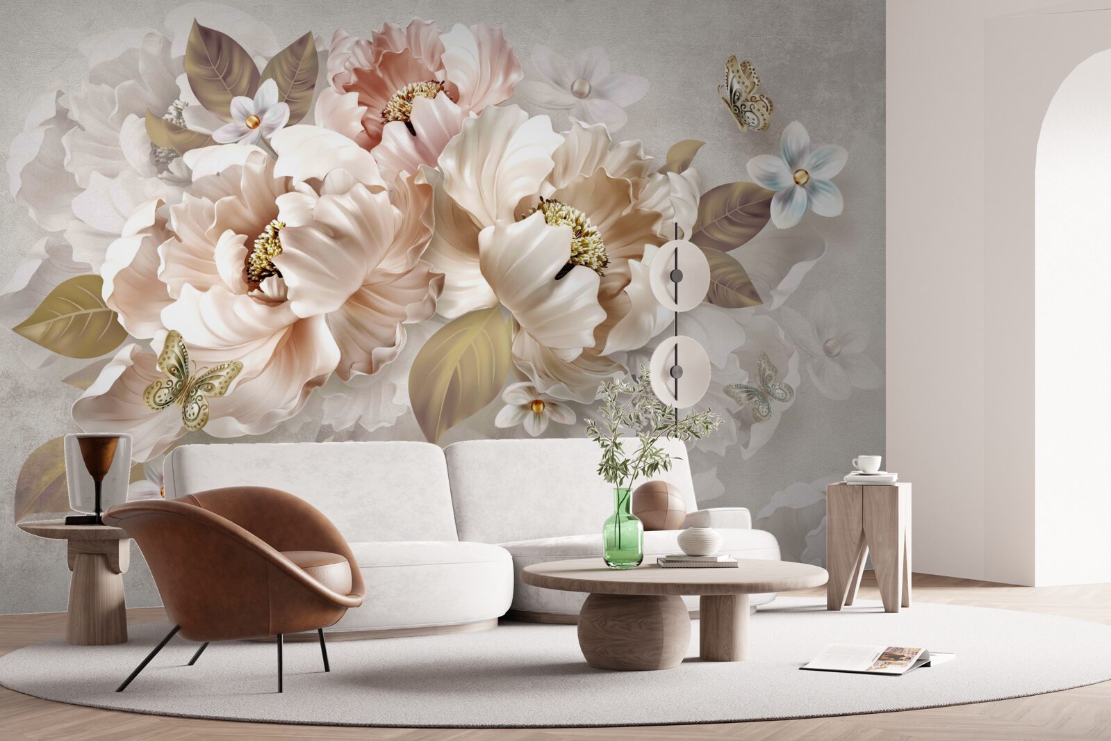 Fotobehang aquarel bloemencompositie op een lichtgrijze achtergrond