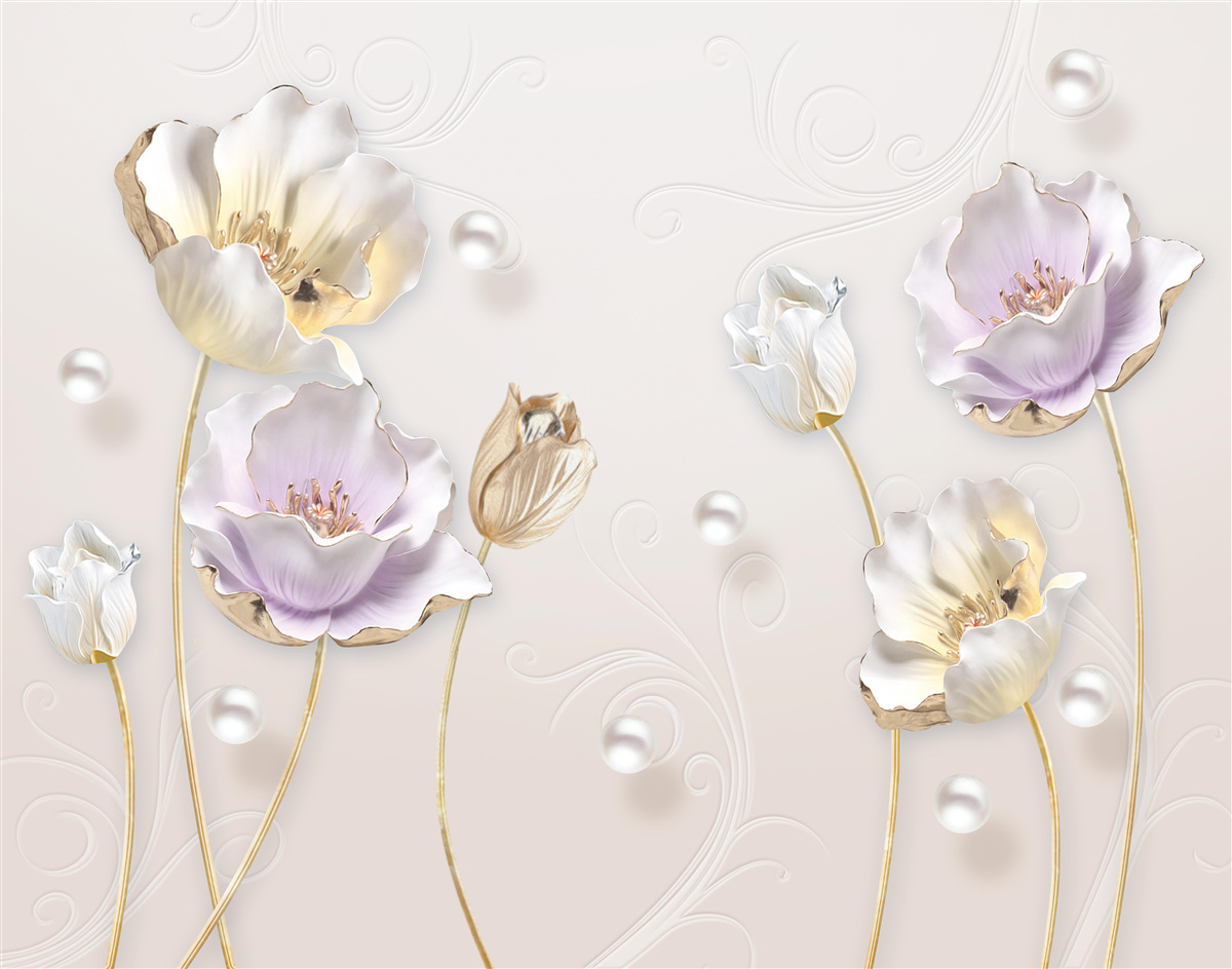 Fotobehang heldere bloemen bedekt met grote regendruppels