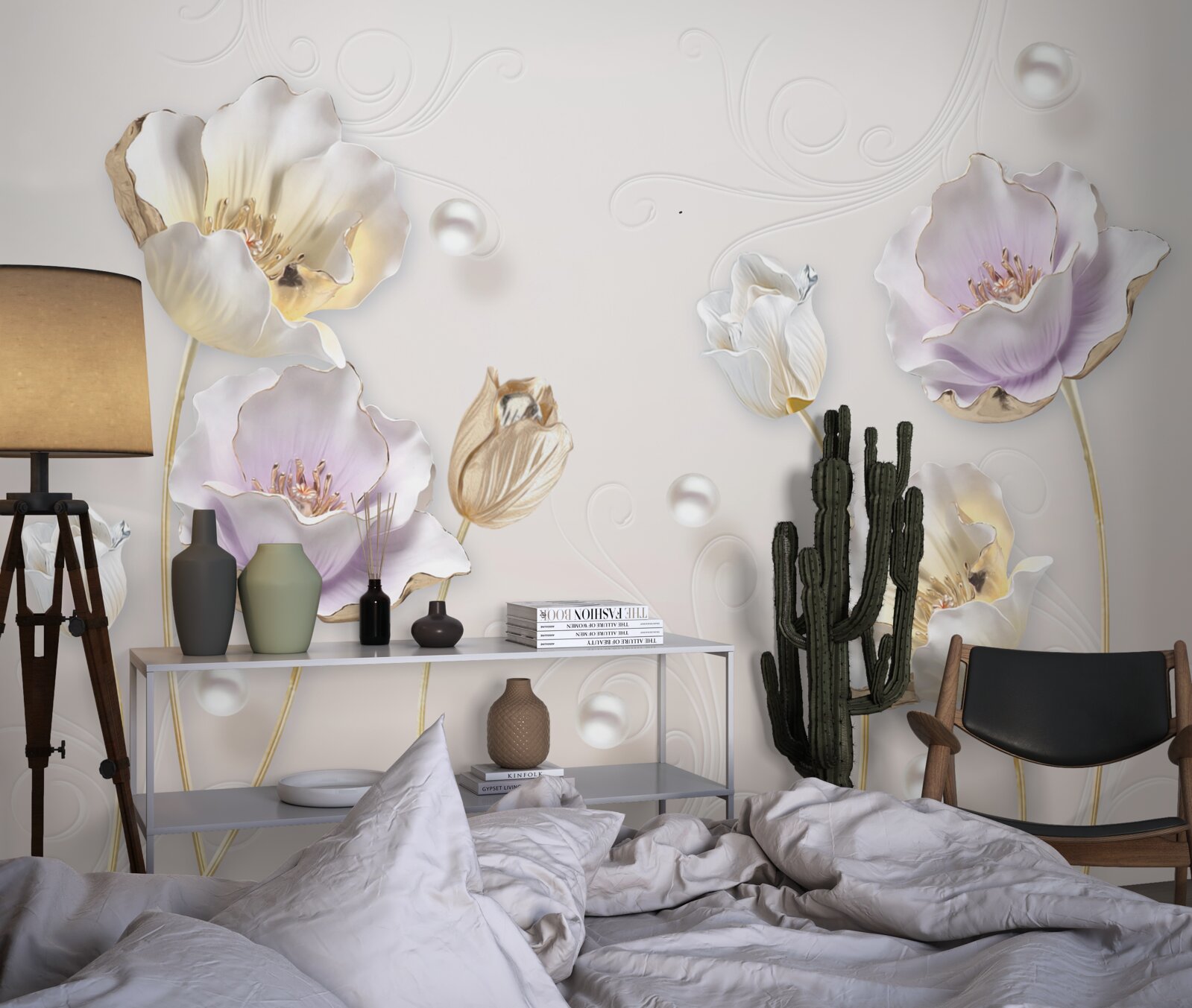 Fotobehang heldere bloemen bedekt met grote regendruppels