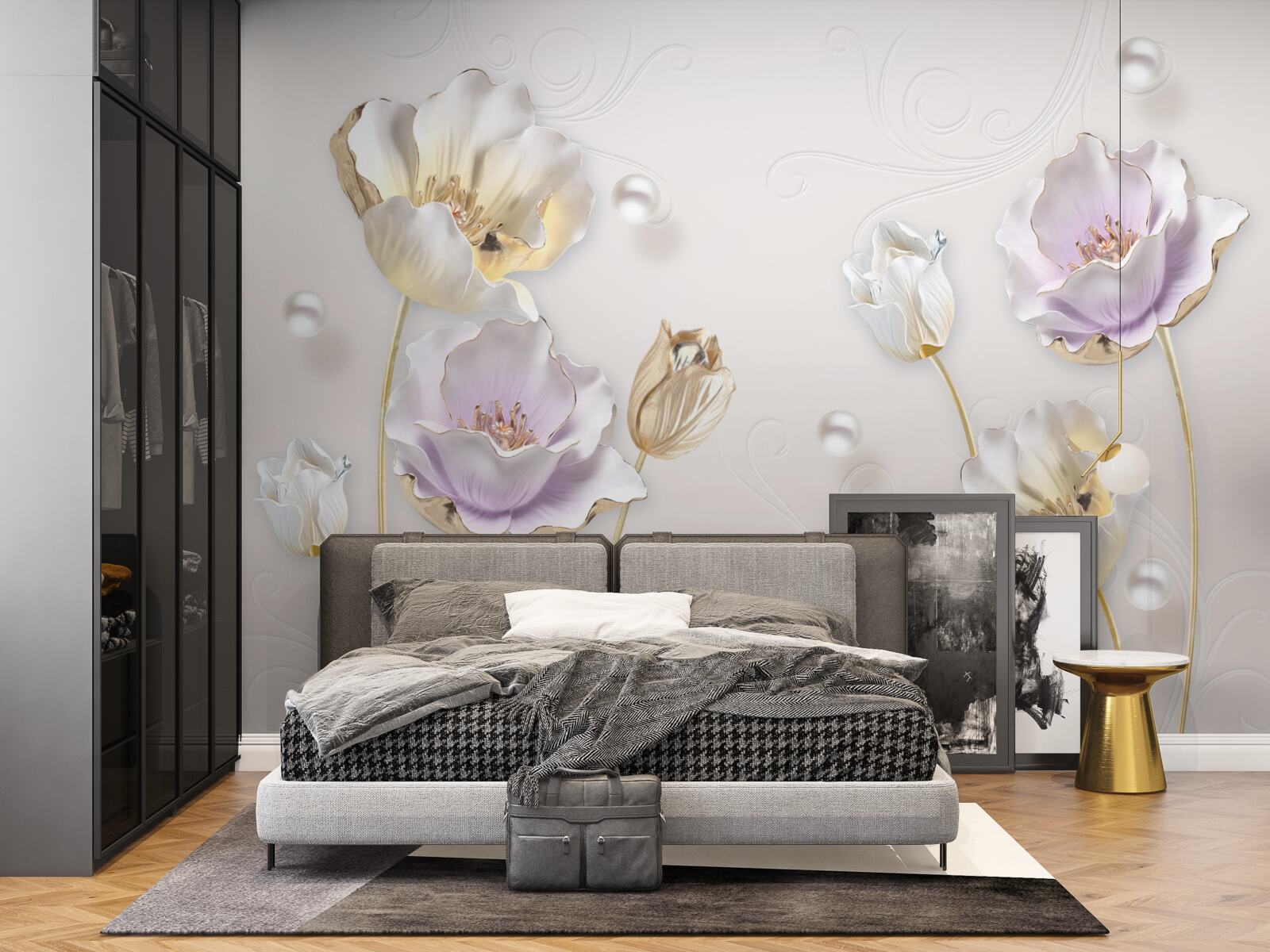 Fotobehang heldere bloemen bedekt met grote regendruppels